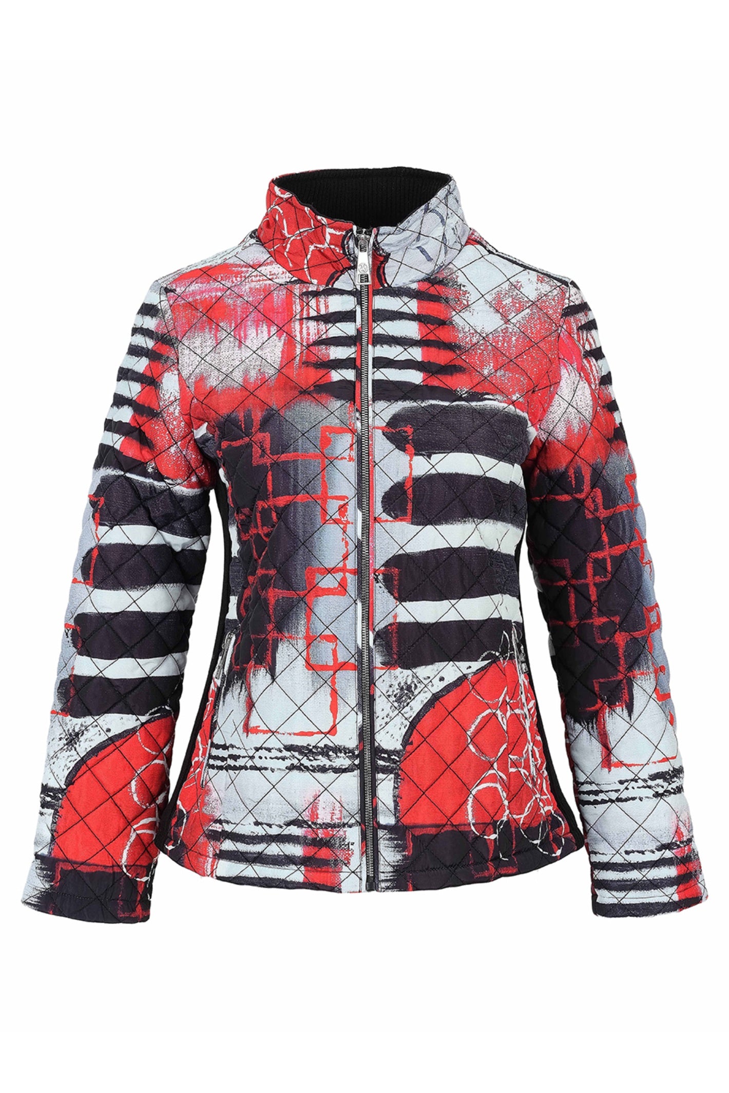 Dolcezza 76811 printed quilted woven jacket in red, black, white and grey with stand collar and zip fastening.