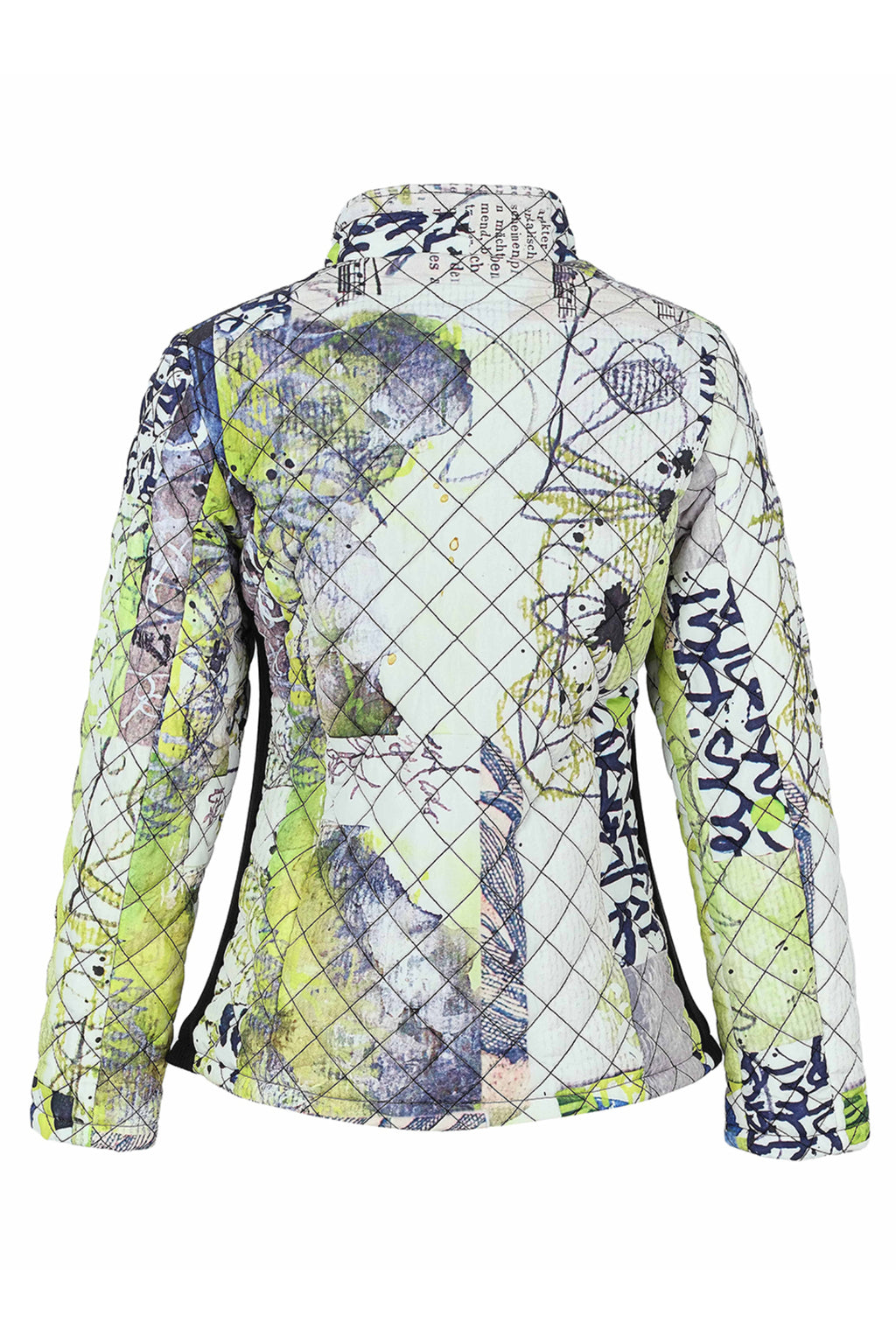 Dotique Dolcezza 76814 assorted quilted woven coat with a zip front and abstract artistic print in white, navy, grey and lime.