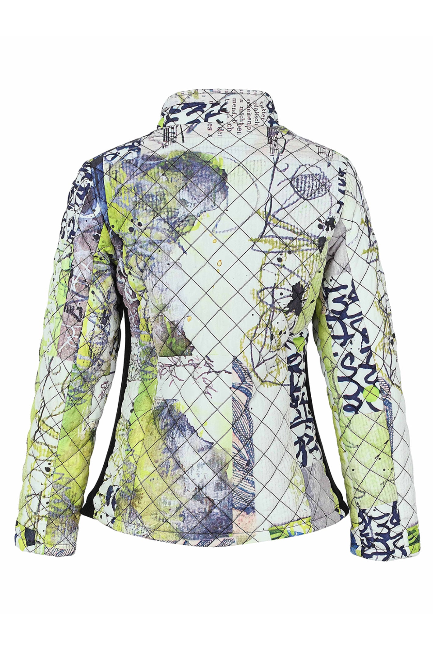 Dotique Dolcezza 76814 assorted quilted woven coat with a zip front and abstract artistic print in white, navy, grey and lime.