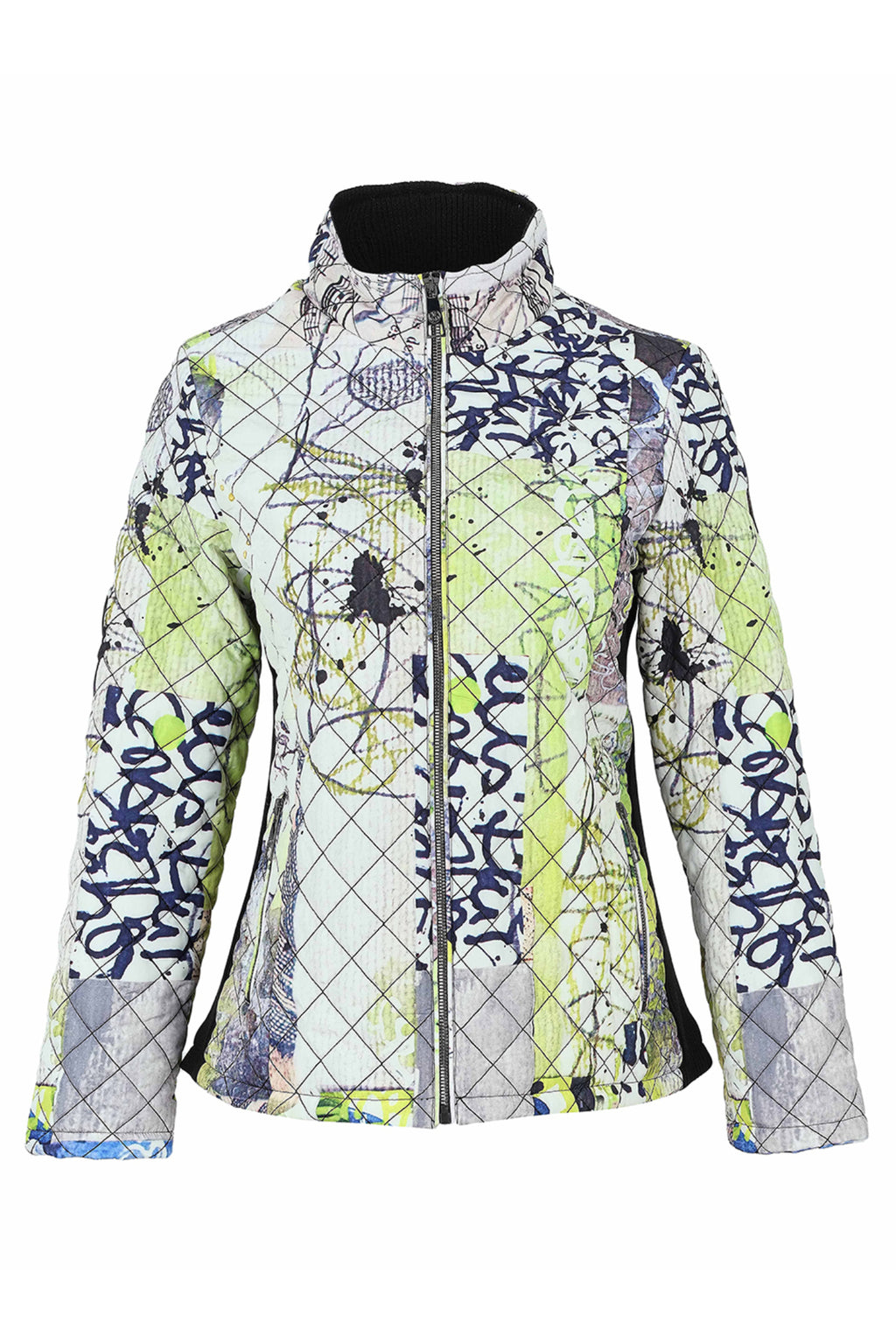 Dotique Dolcezza 76814 assorted quilted woven coat with a zip front and abstract artistic print in white, navy, grey and lime.
