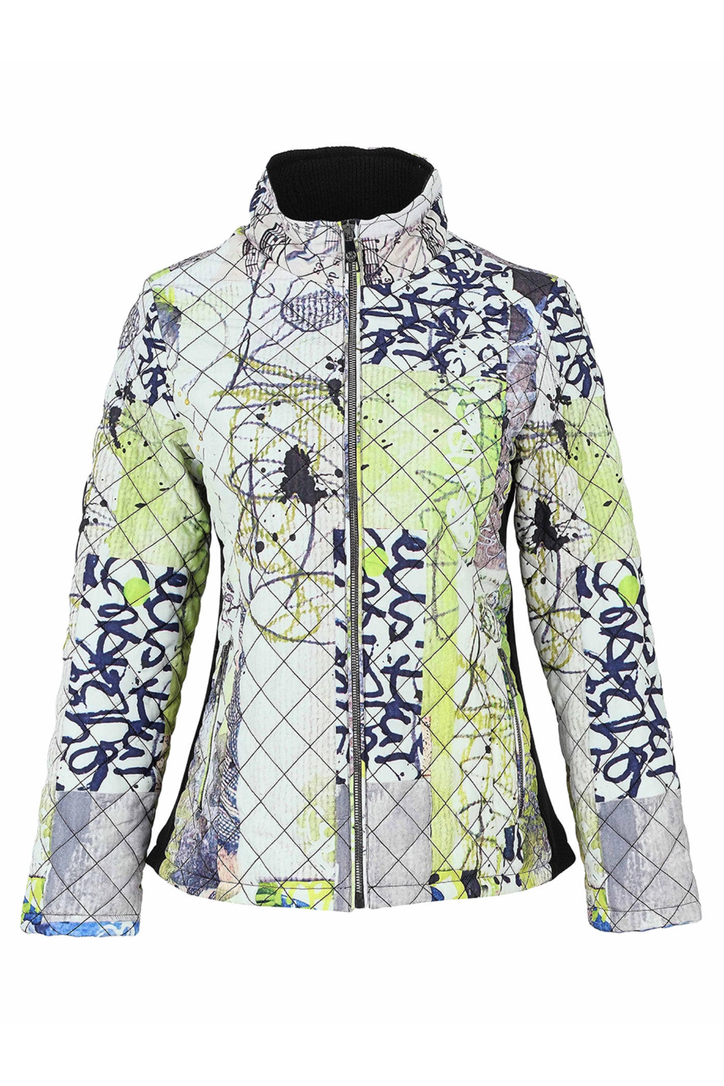 Dotique Dolcezza 76814 assorted quilted woven coat with a zip front and abstract artistic print in white, navy, grey and lime.