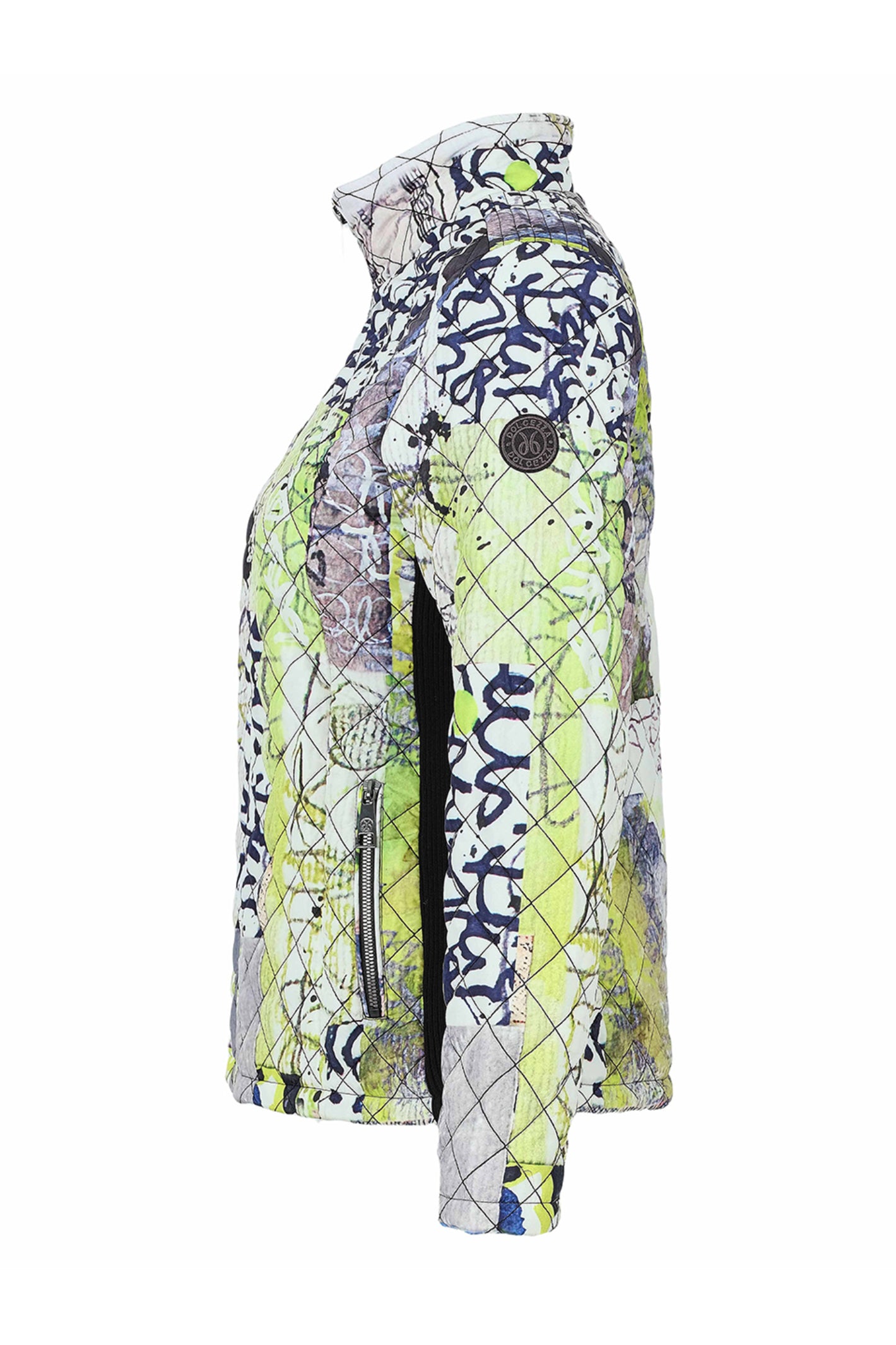 Dotique Dolcezza 76814 assorted quilted woven coat with a zip front and abstract artistic print in white, navy, grey and lime.