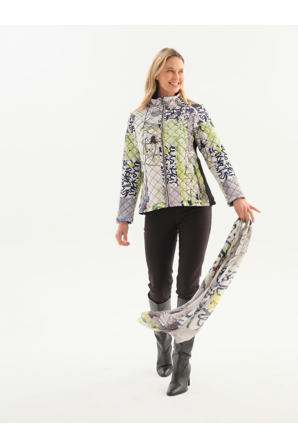 Dotique Dolcezza 76814 assorted quilted woven coat with a zip front and abstract artistic print in white, navy, grey and lime.