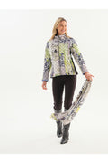 Dotique Dolcezza 76814 assorted quilted woven coat with a zip front and abstract artistic print in white, navy, grey and lime.