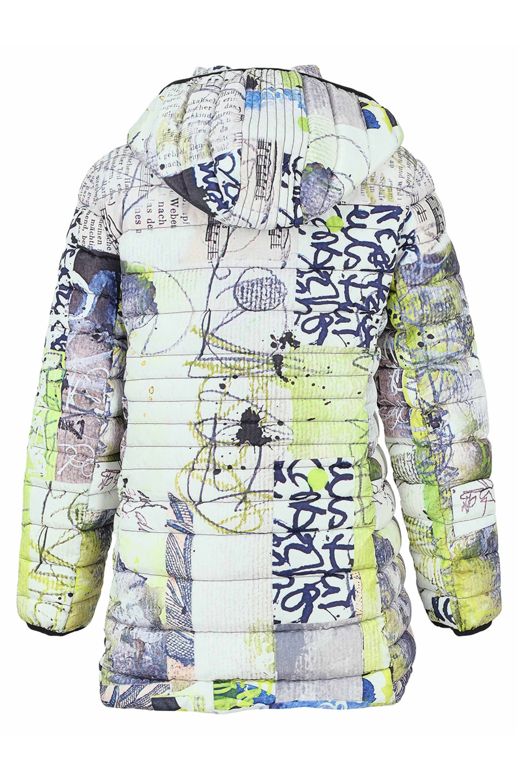 Dotique Dolcezza 76819 assorted quilted woven coat with a hood and an abstract artistic print in white, navy, grey and lime.
