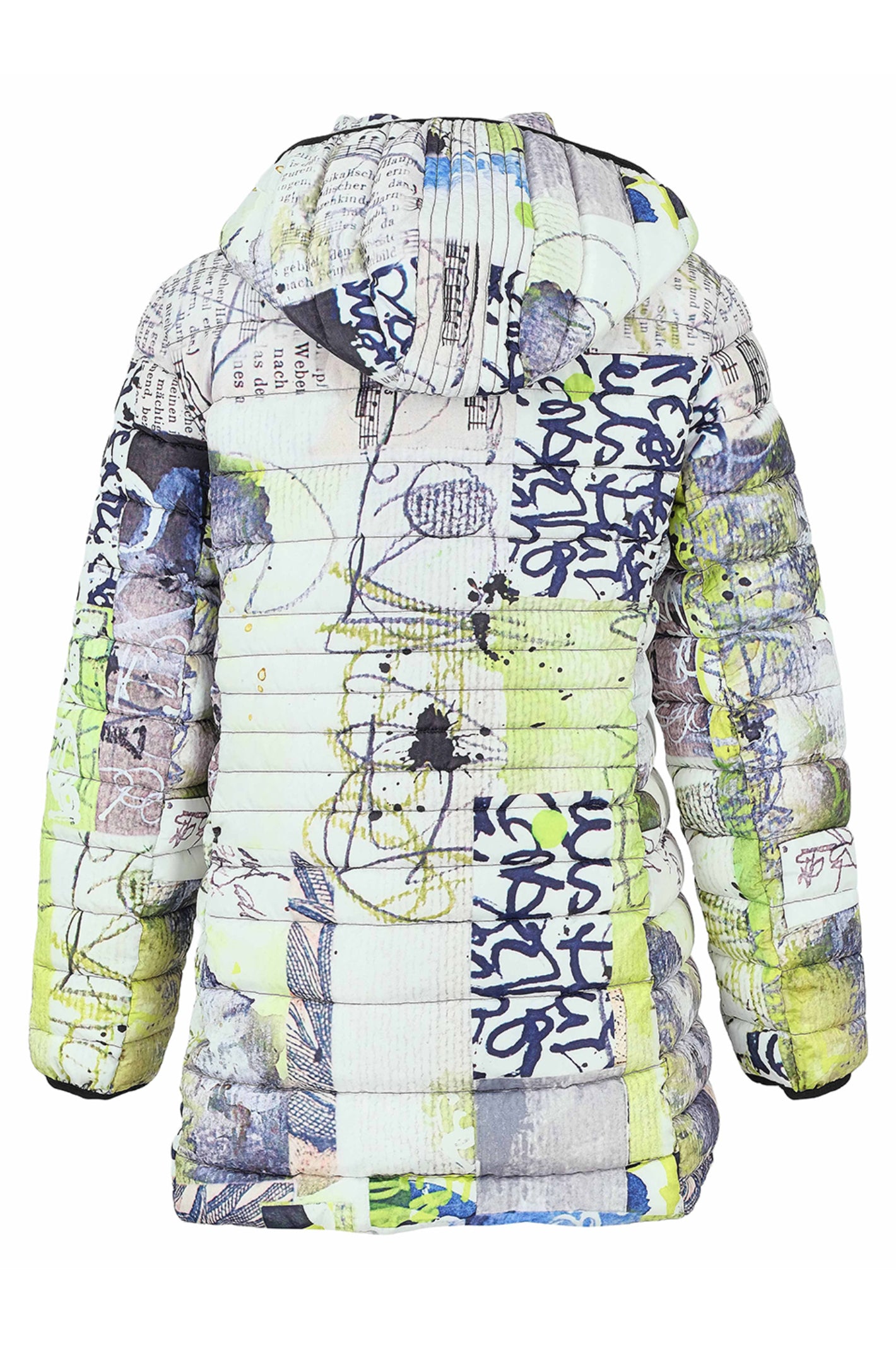 Dotique Dolcezza 76819 assorted quilted woven coat with a hood and an abstract artistic print in white, navy, grey and lime.