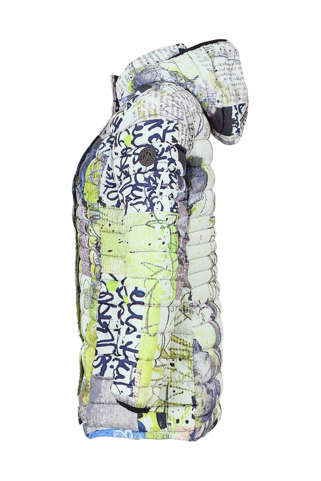 Dotique Dolcezza 76819 assorted quilted woven coat with a hood and an abstract artistic print in white, navy, grey and lime.