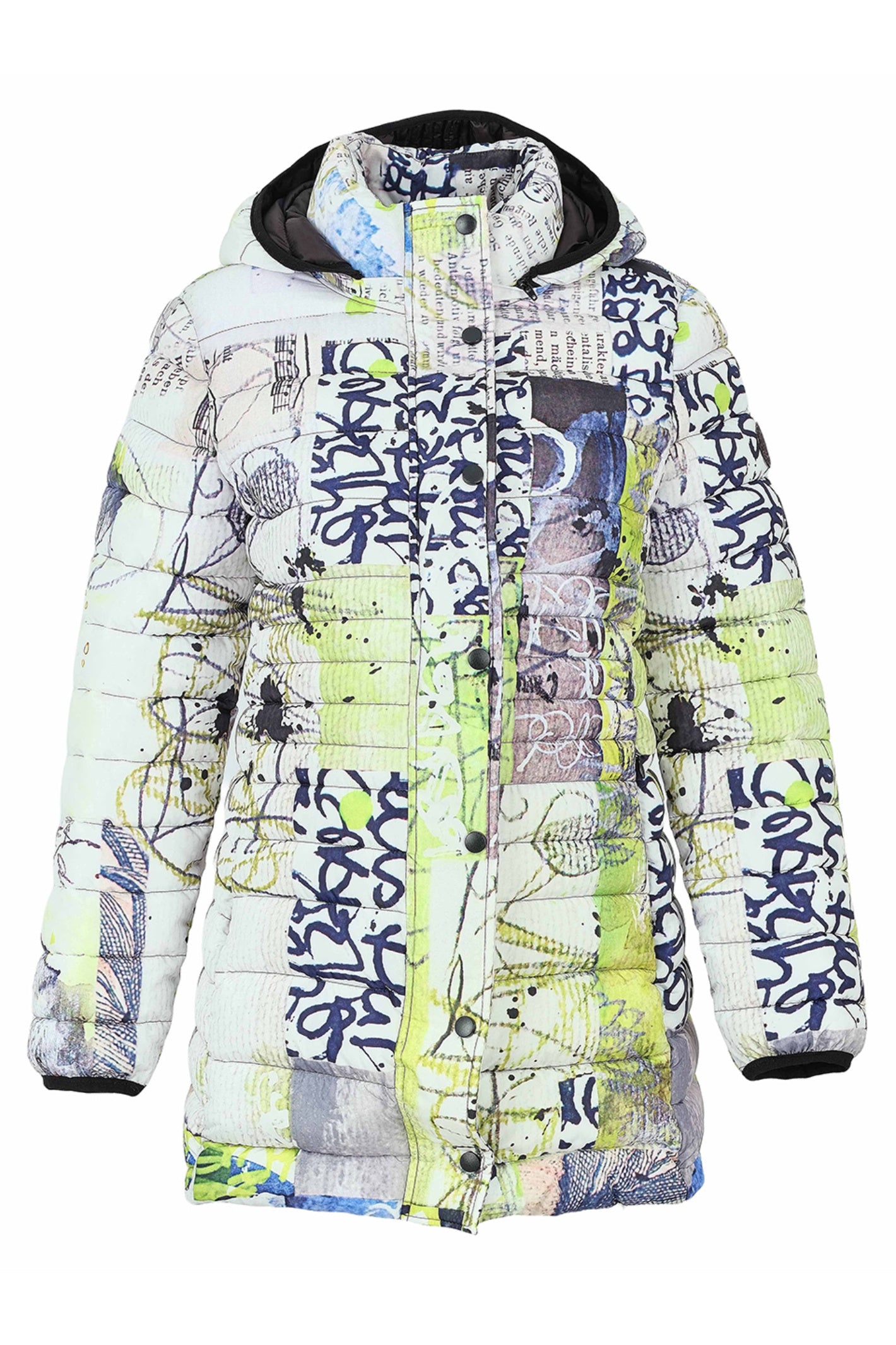 Dotique Dolcezza 76819 assorted quilted woven coat with a hood and an abstract artistic print in white, navy, grey and lime.