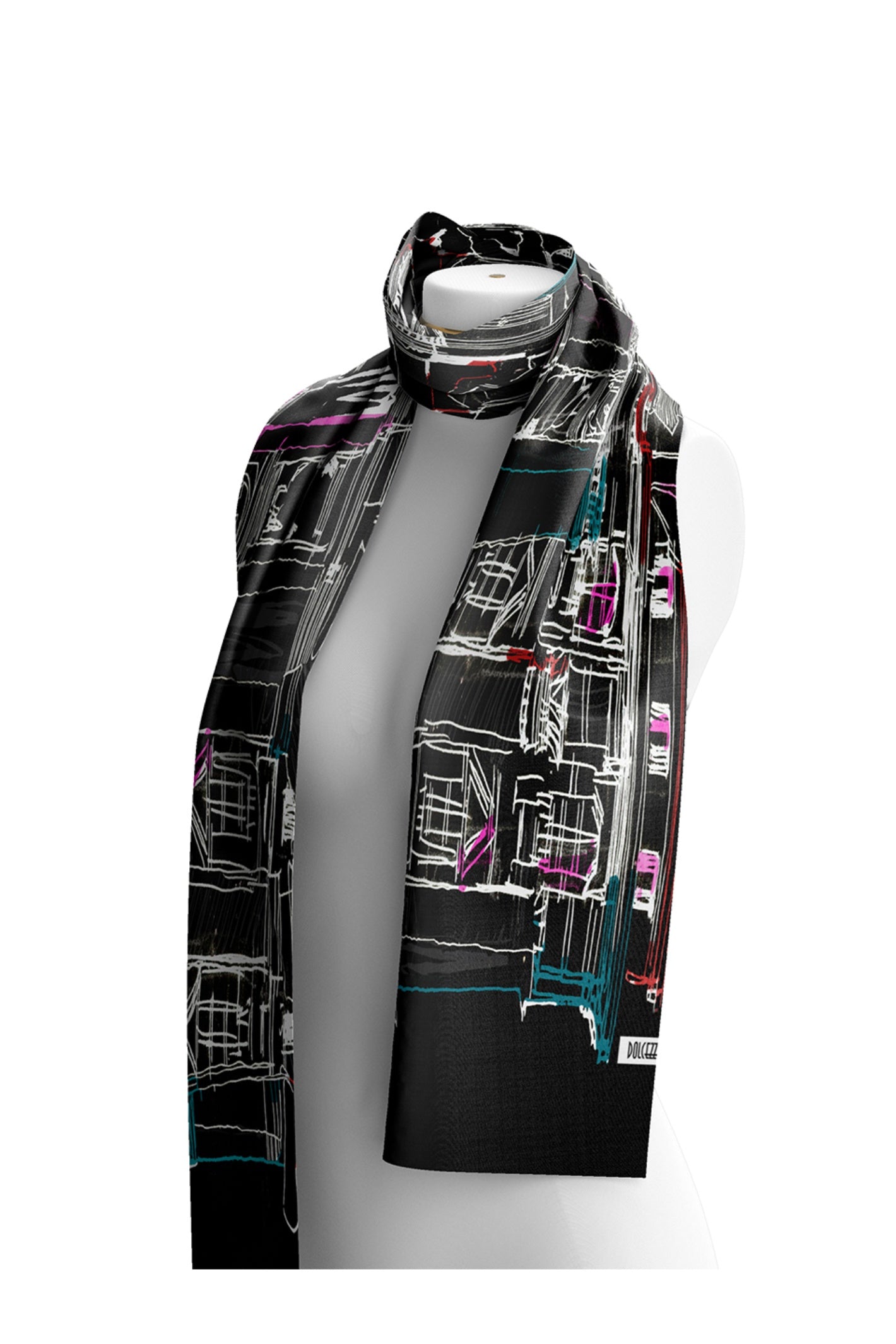 Dotique Dolcezza 76904 assorted woven scarf featuring a black cityscape-inspired artistic print with white, teal, pink and red accents.