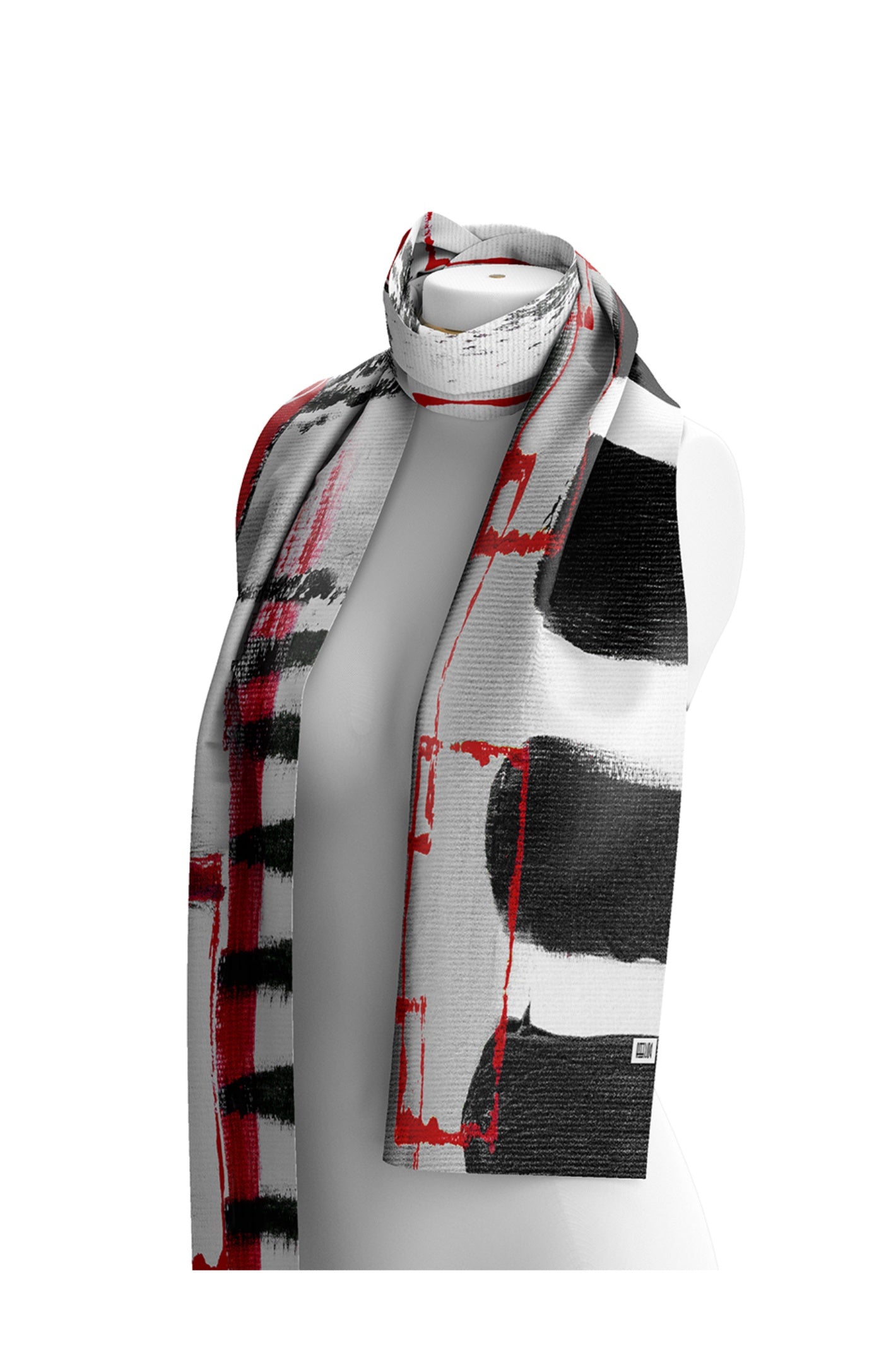 Dotique Dolcezza 76909 assorted woven scarf with an abstract black, white, grey and red artistic print.