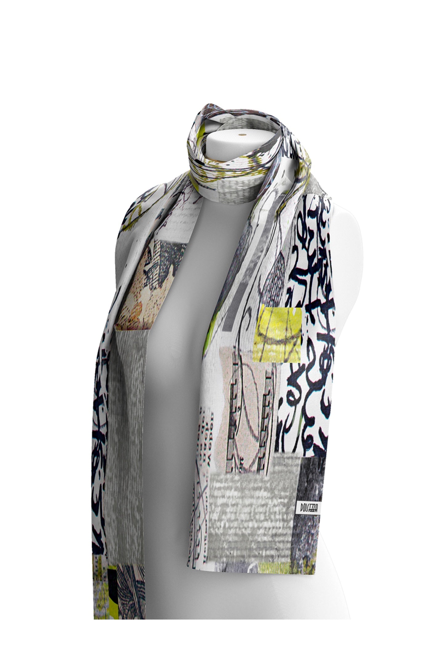 Dotique Dolcezza 76912 assorted woven scarf with an abstract patchwork print in grey, black, white and lime.