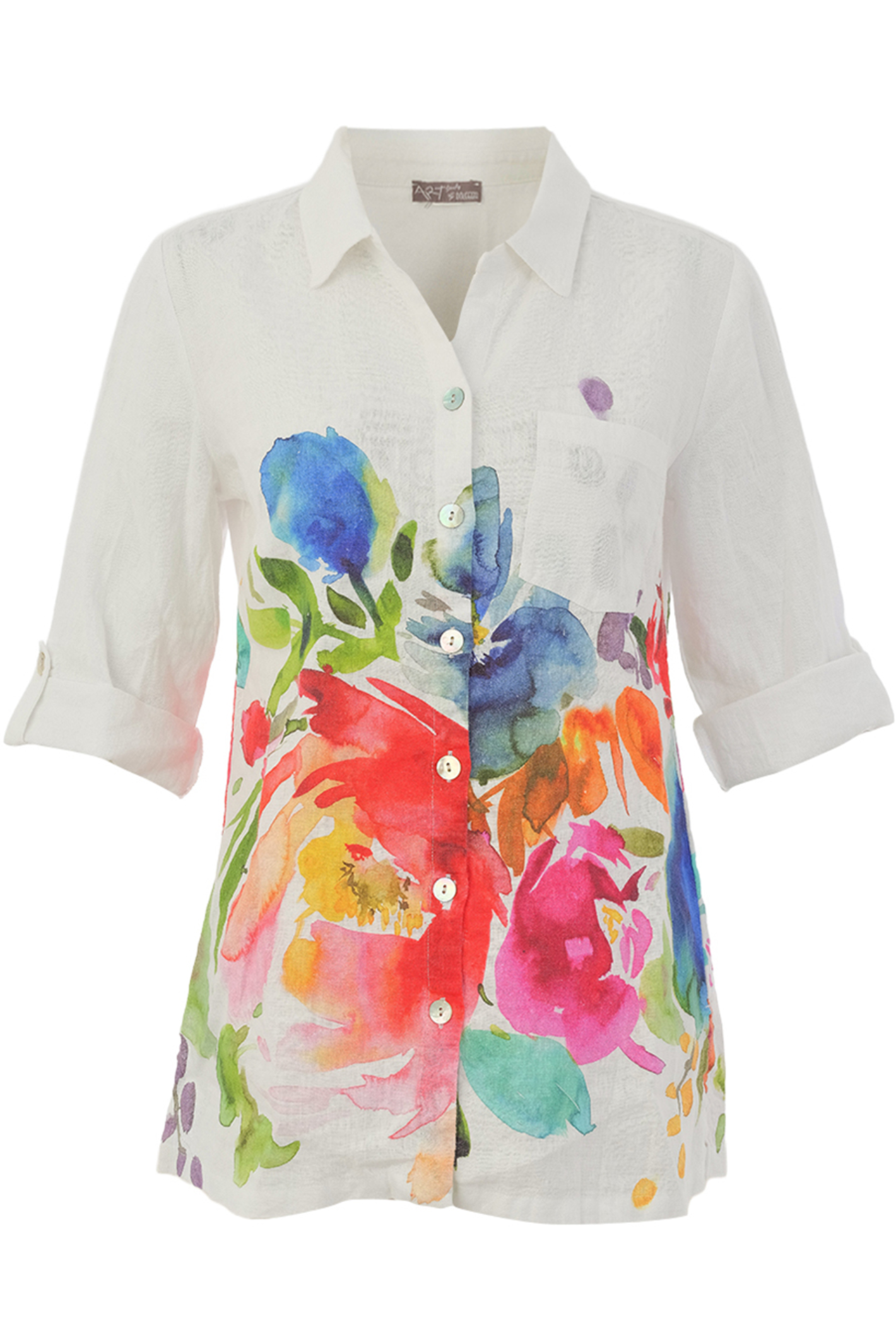 Dolcezza Floral Print Linen Shirt 26702 by Dolcezza featuring vibrant multicolor floral design on white linen, shop Dolcezza at Dotique.