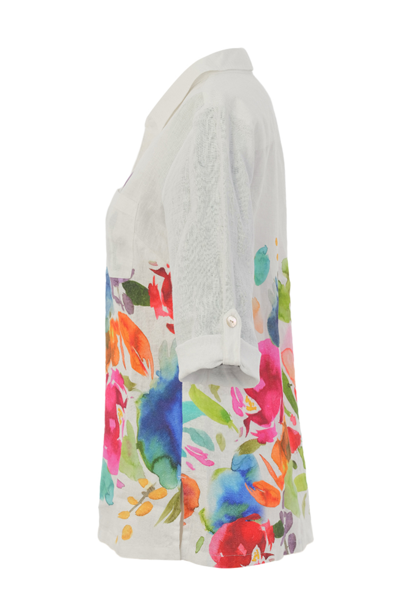 Side profile of Dolcezza Floral Print Linen Shirt 26702 featuring bright multicolor floral patterns on white linen by Dolcezza, shop Dolcezza at Dotique.