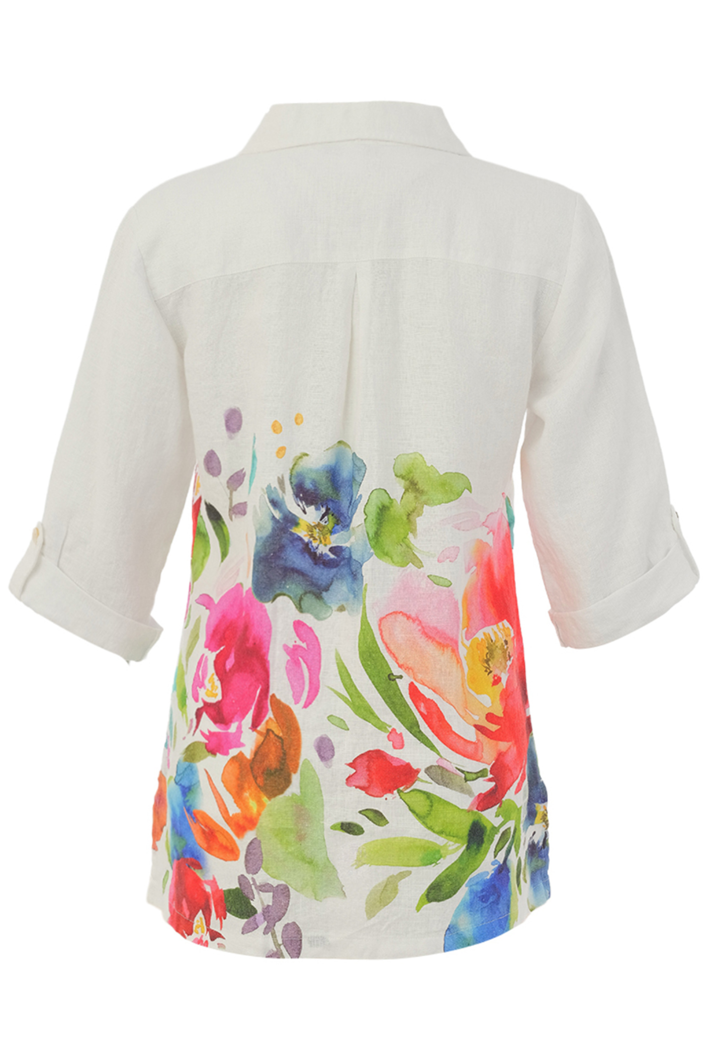 Back view of Dolcezza Floral Print Linen Shirt 26702 showing vibrant watercolor floral design on white linen by Dolcezza, shop Dolcezza at Dotique.