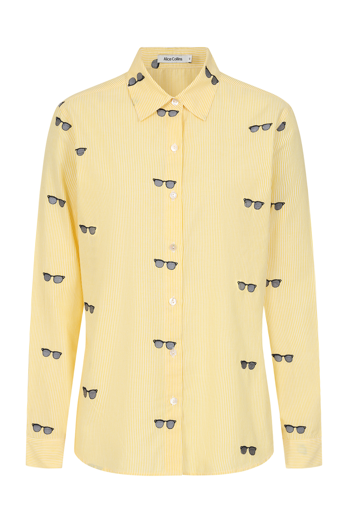 Alice Collins 036S400 Bella Shirt Butter Stripe Sunglasses in soft butter yellow with fine stripes and black sunglasses print by Alice Collins, shop Alice Collins at Dotique.