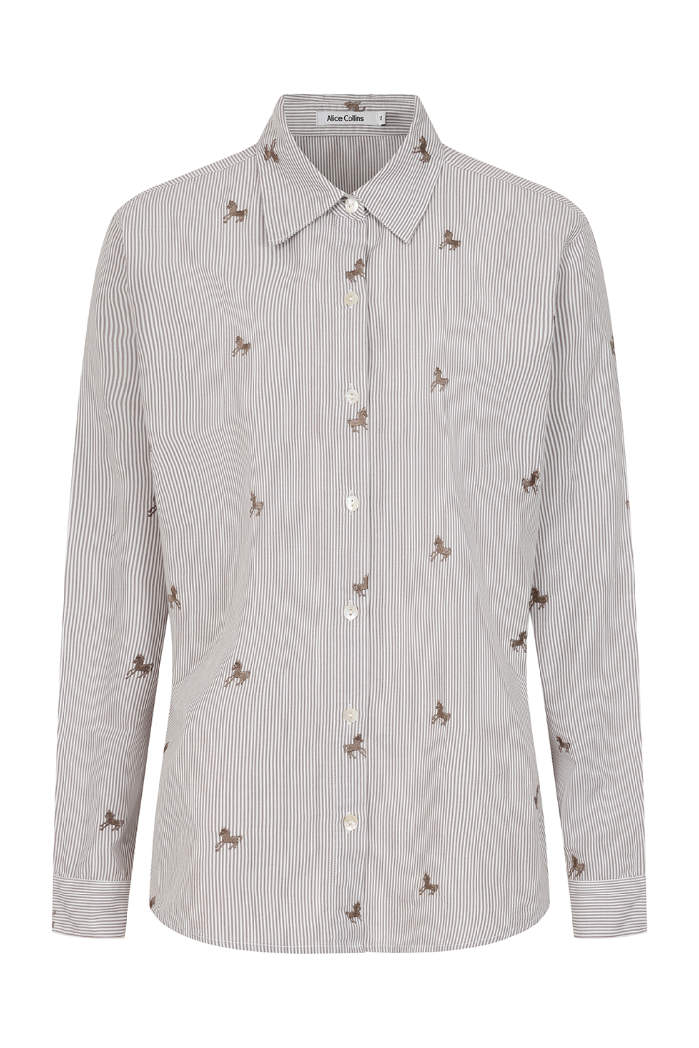 Alice Collins 036S400 Bella Cotton Shirt – Pebble Stripe with Horse Print in soft pebble stripe featuring delicate horse motifs by Alice Collins, shop Alice Collins at Dotique.