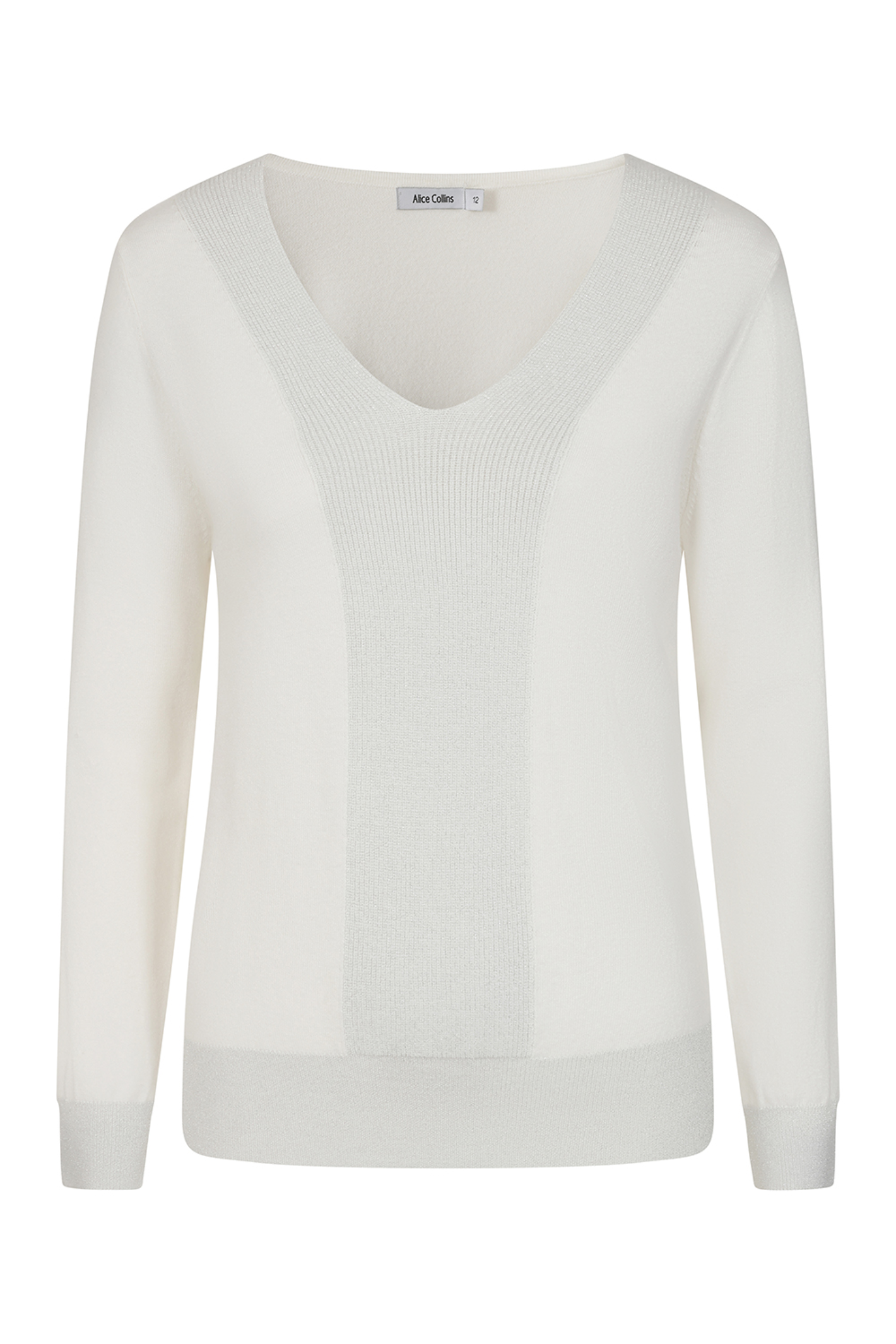 Alice Collins 036S144 Pippa V-Neck Knit Jumper White in soft knit fabric with subtle textured panels by Alice Collins, shop Alice Collins at Dotique.