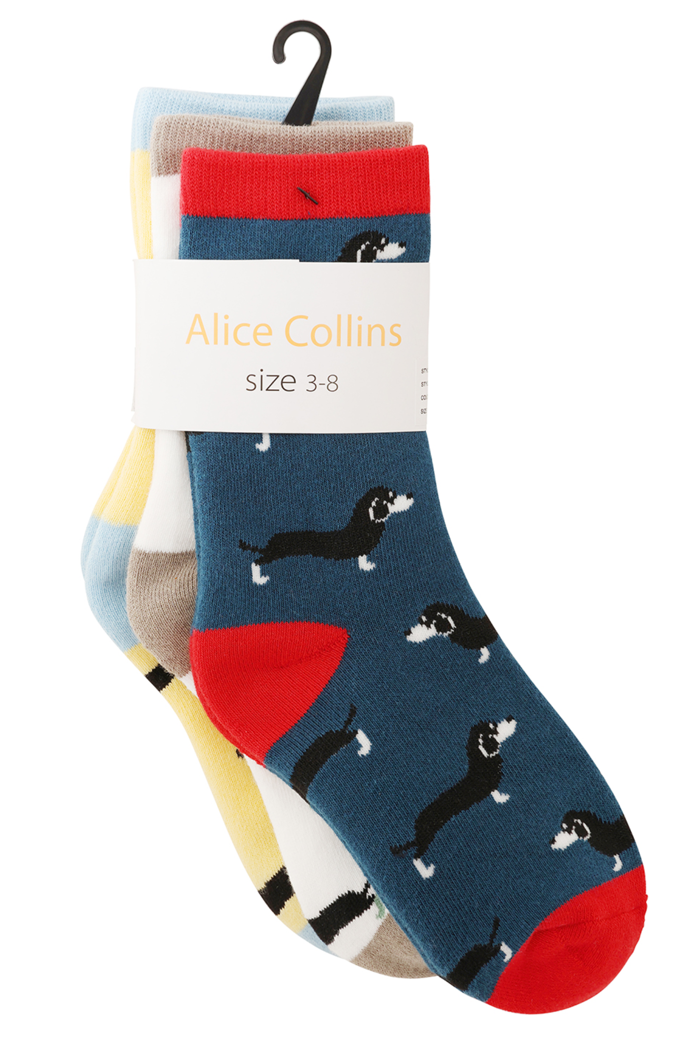Alice Collins 036S214 Sausage Dog Sock (3 pk) featuring playful dachshund patterns in vibrant colors by Alice Collins, shop Alice Collins at Dotique.
