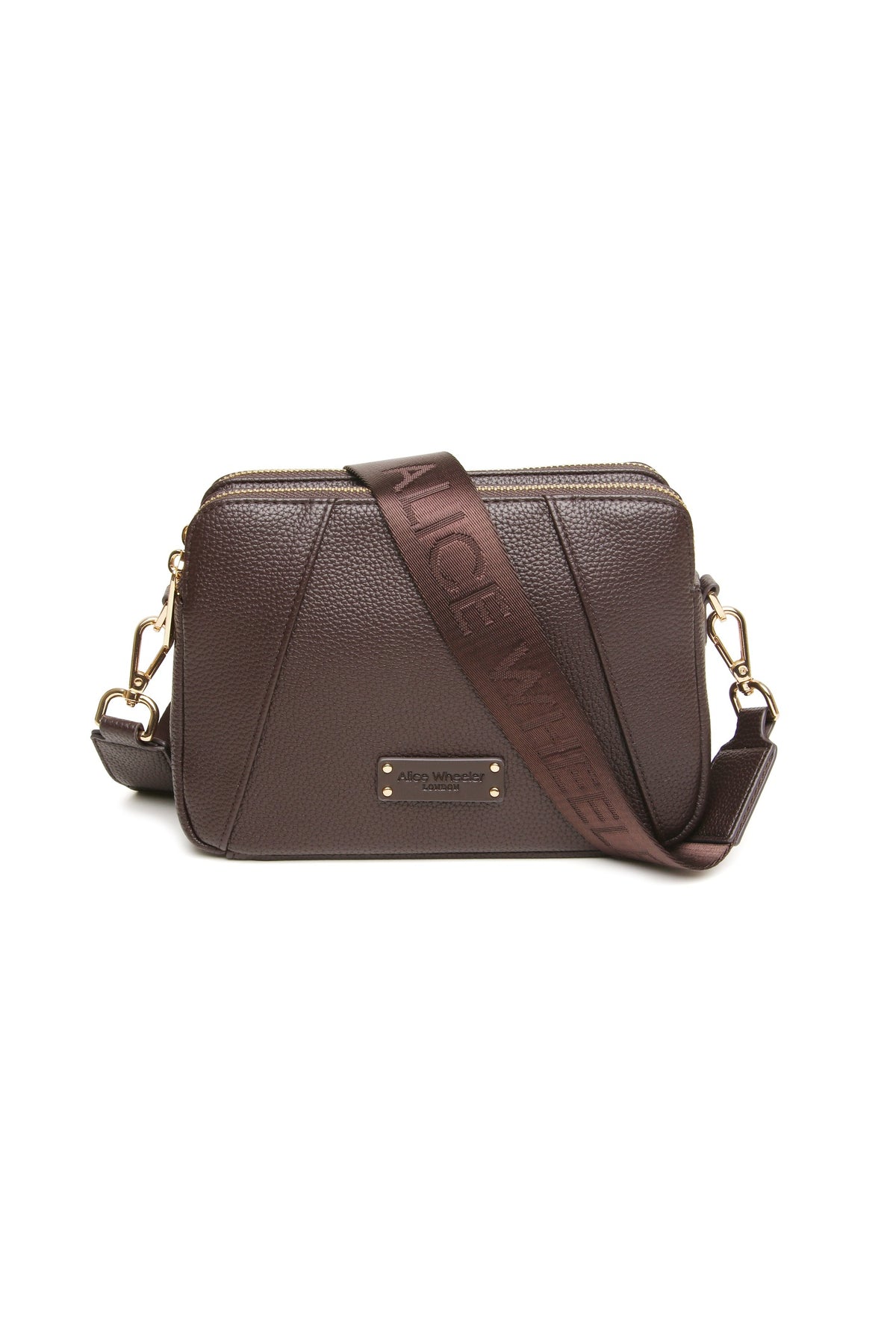 Alice Wheeler Chocolate Kensington Double-Zip Crossbody Bag, product view. Shop Alice Wheeler at Dotique.
