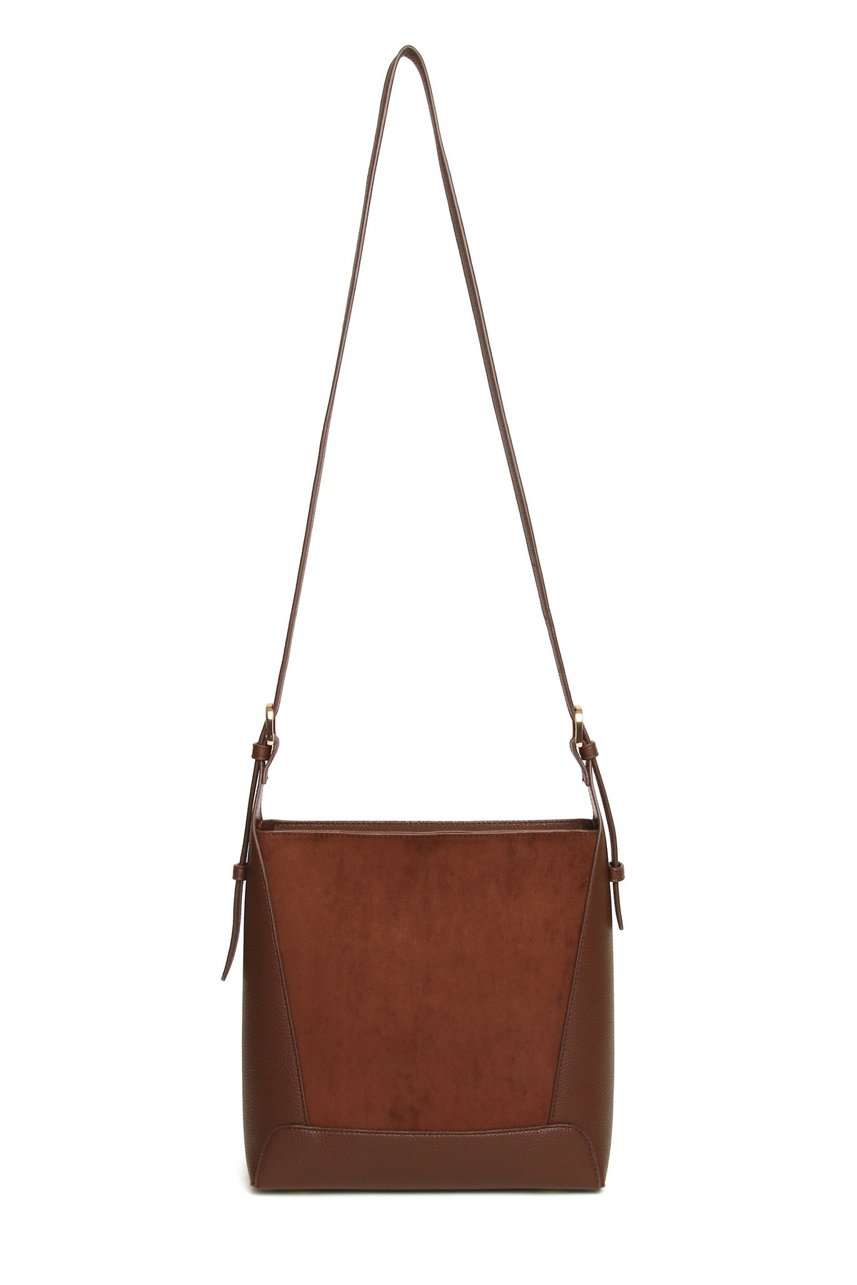 View with the strap extended of the Alice Wheeler Kensington Suedette Crossbody Bag in Chocolate. Shop Alice Wheeler at Dotique.