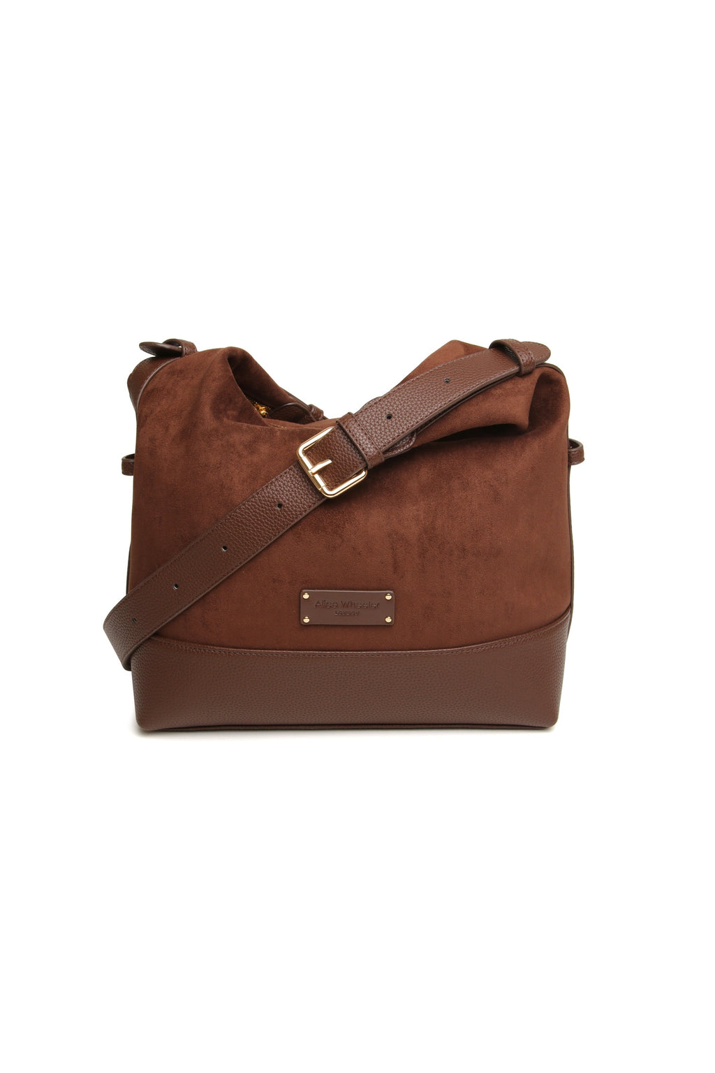 Front view of the Alice Wheeler Kensington Suedette Large Crossbody Bag in Chocolate. Shop Alice Wheeler at Dotique.