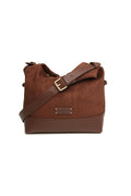 Front view of the Alice Wheeler Kensington Suedette Large Crossbody Bag in Chocolate. Shop Alice Wheeler at Dotique.