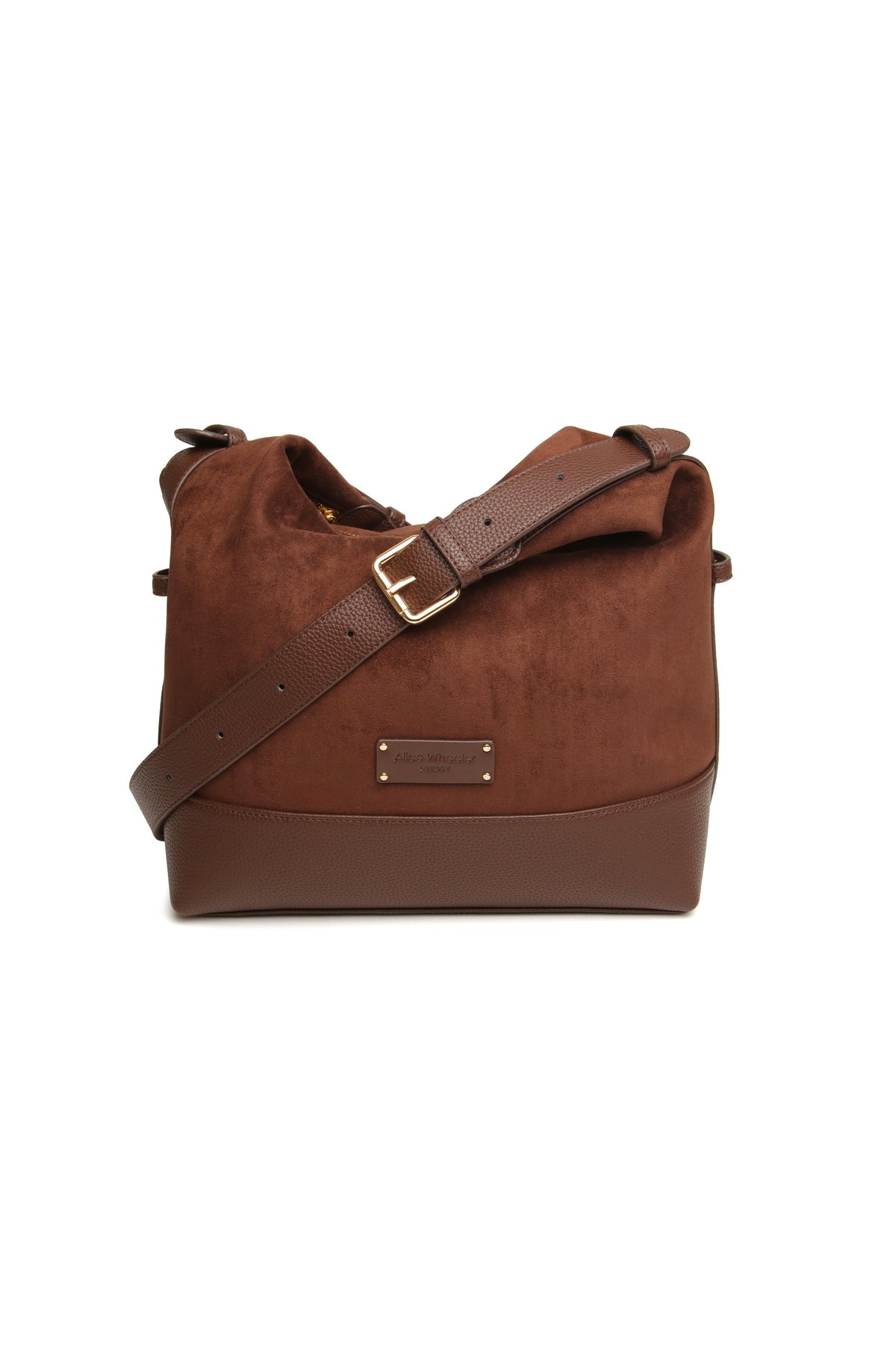 Front view of the Alice Wheeler Kensington Suedette Large Crossbody Bag in Chocolate. Shop Alice Wheeler at Dotique.