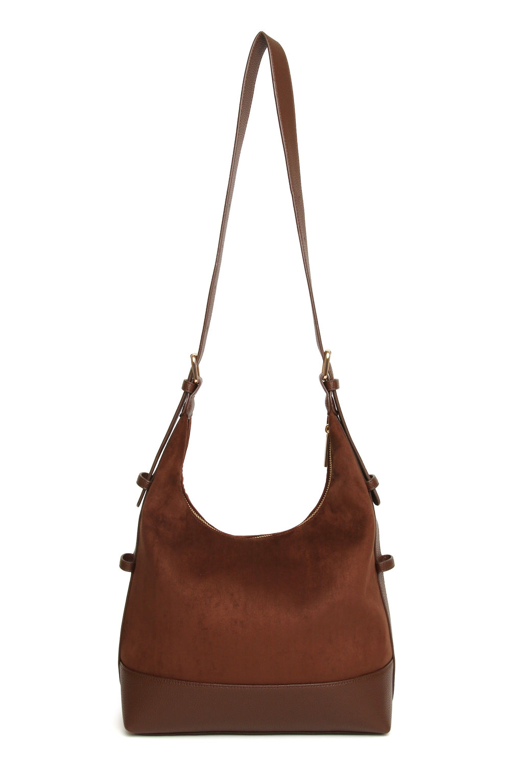 View with the strap extended of the Alice Wheeler Kensington Suedette Large Crossbody Bag in Chocolate. Shop Alice Wheeler at Dotique.