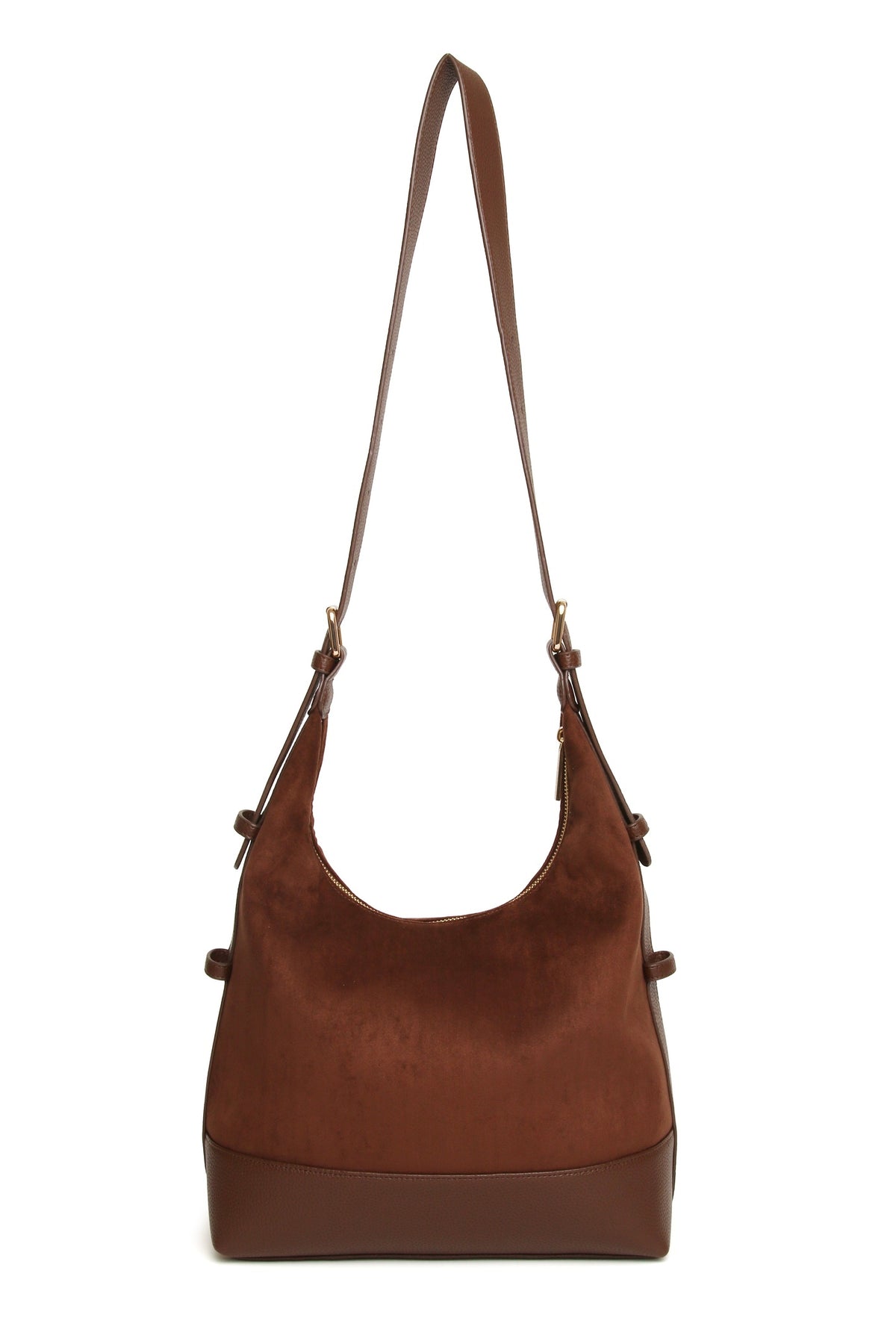 View with the strap extended of the Alice Wheeler Kensington Suedette Large Crossbody Bag in Chocolate. Shop Alice Wheeler at Dotique.