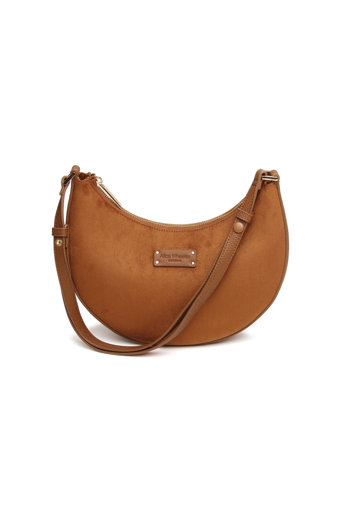 Front view of the Alice Wheeler Kensington Suedette Shoulder & Crossbody Bag in Fudge. Shop Alice Wheeler at Dotique.