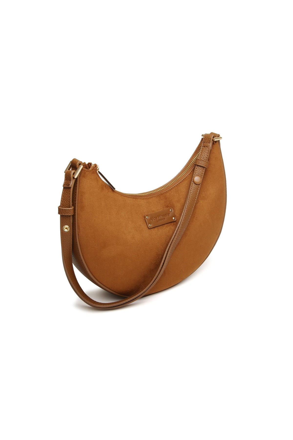 Angled view of the Alice Wheeler Kensington Suedette Shoulder & Crossbody Bag in Fudge. Shop Alice Wheeler at Dotique.