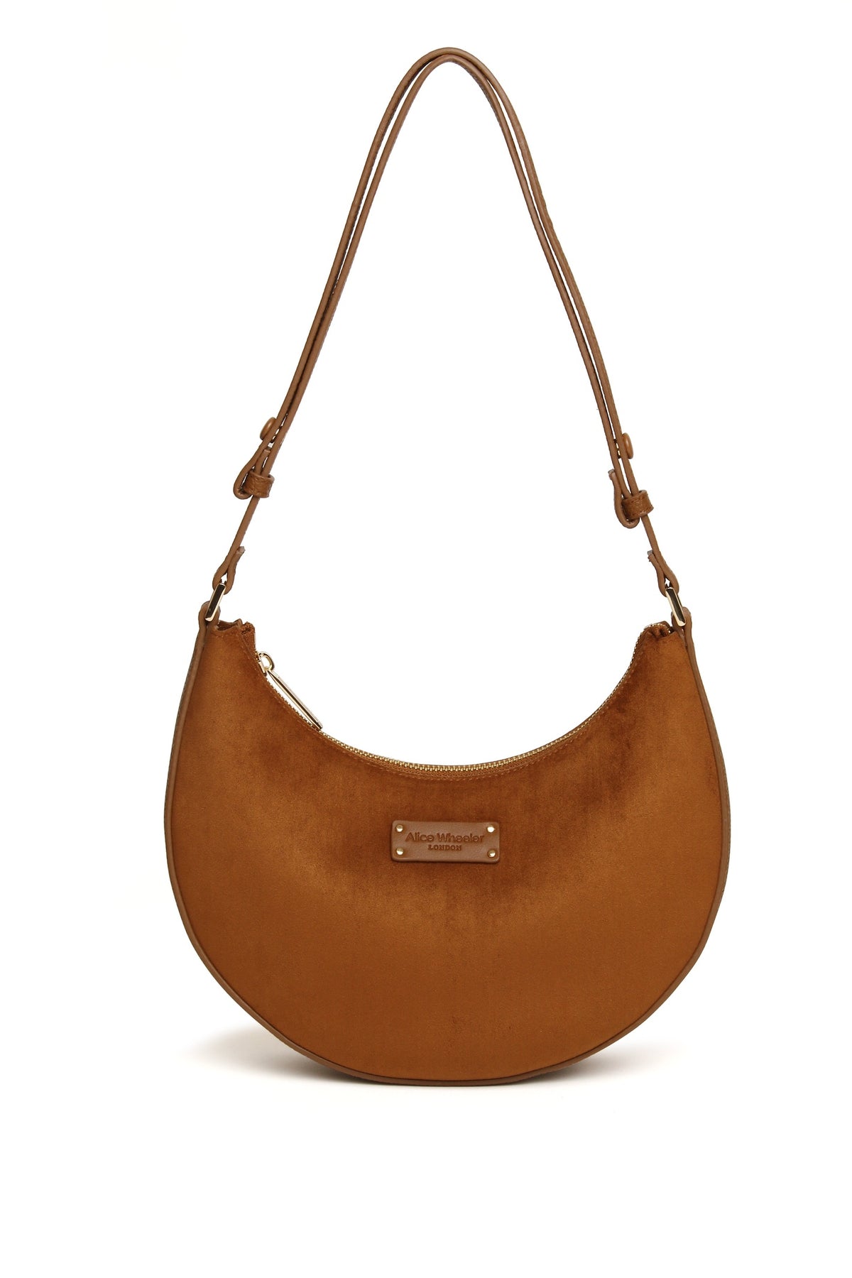 View with the strap extended of the Alice Wheeler Kensington Suedette Shoulder & Crossbody Bag in Fudge. Shop Alice Wheeler at Dotique.