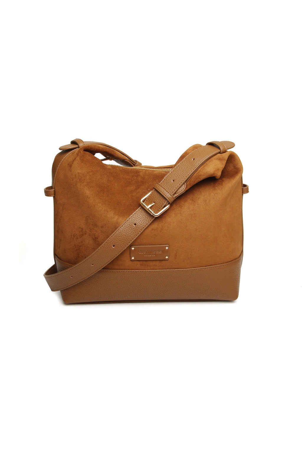 Front view of the Alice Wheeler Kensington Suedette Large Crossbody Bag in Fudge. Shop Alice Wheeler at Dotique.