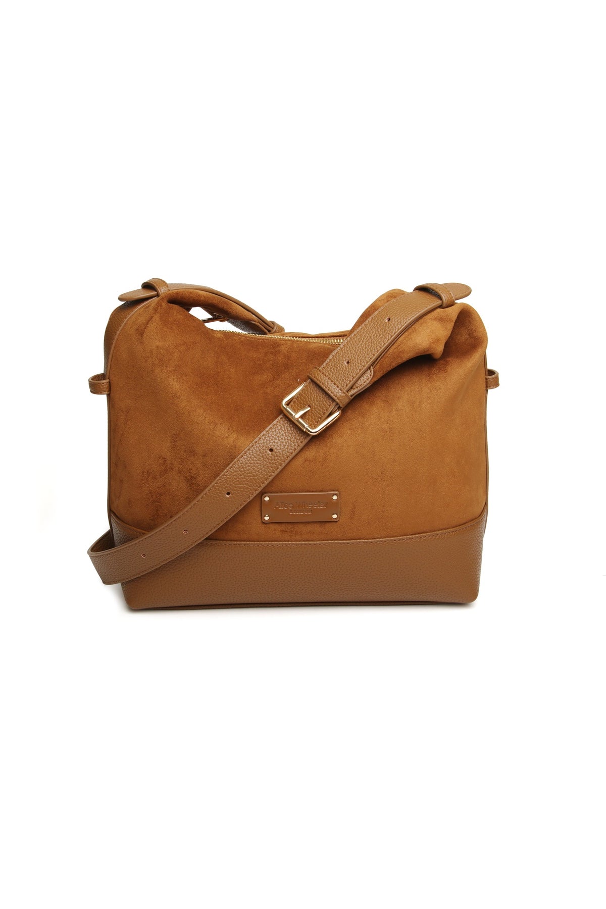 Front view of the Alice Wheeler Kensington Suedette Large Crossbody Bag in Fudge. Shop Alice Wheeler at Dotique.