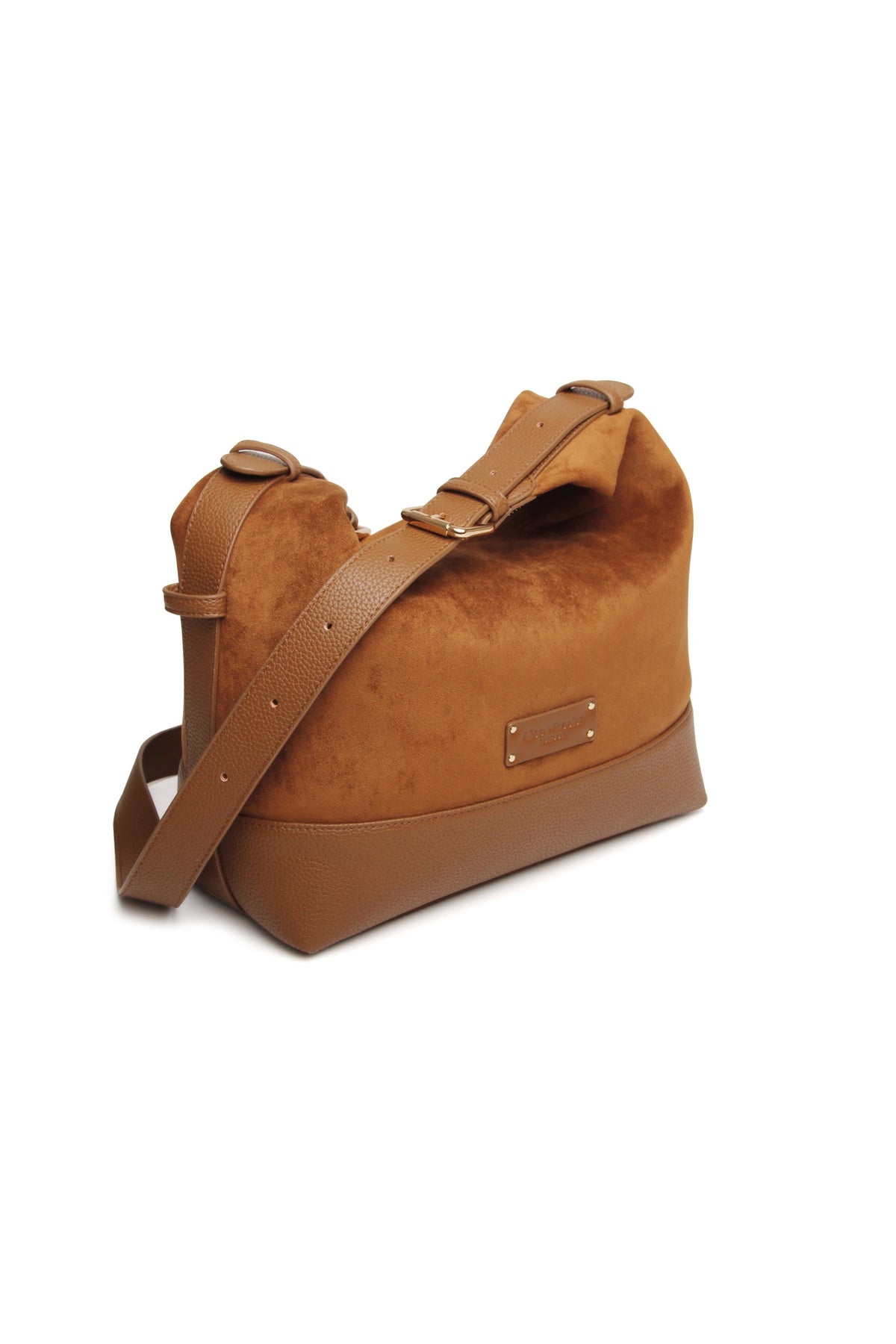 Angled view of the Alice Wheeler Kensington Suedette Large Crossbody Bag in Fudge. Shop Alice Wheeler at Dotique.