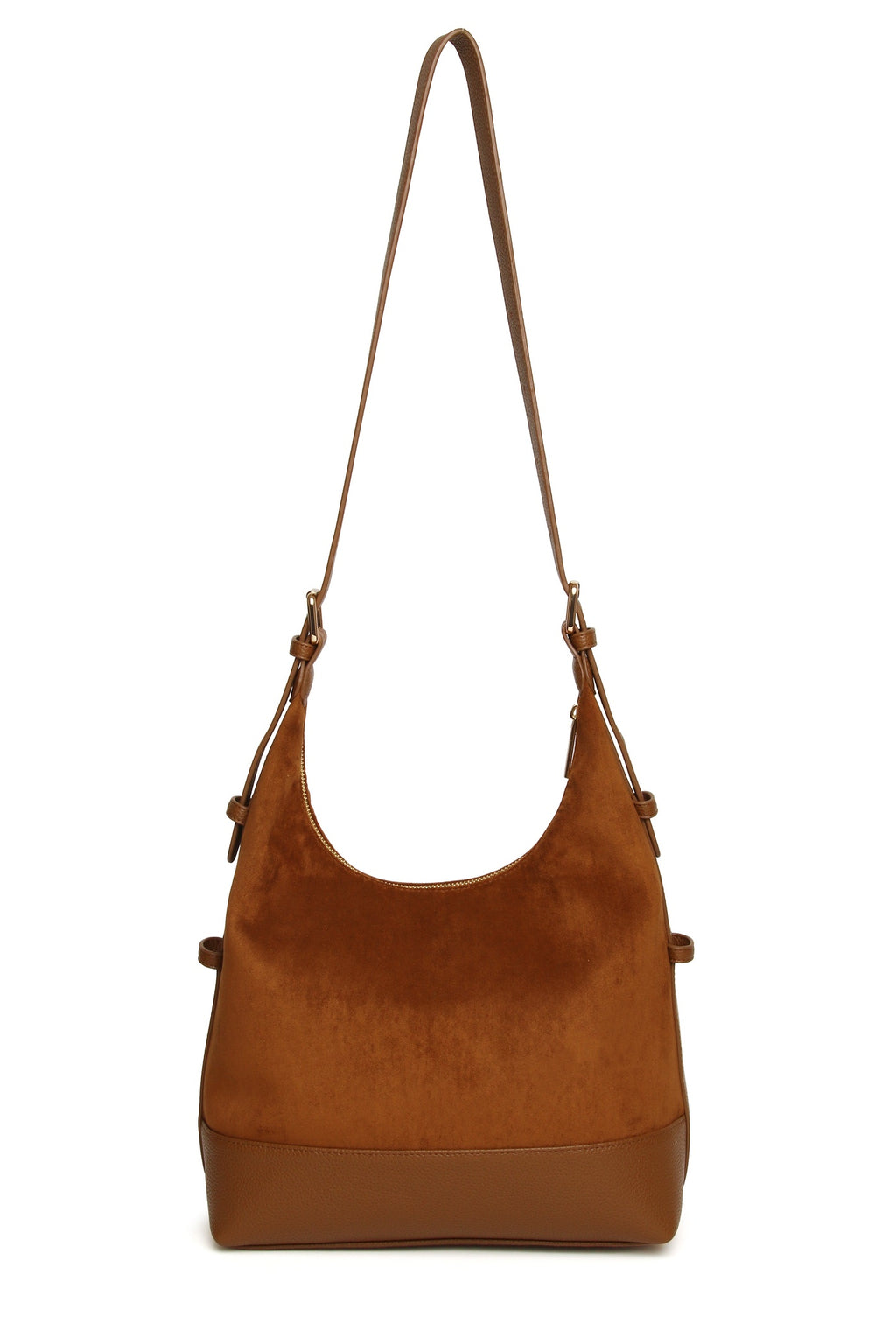 View with the strap extended of the Alice Wheeler Kensington Suedette Large Crossbody Bag in Fudge. Shop Alice Wheeler at Dotique.