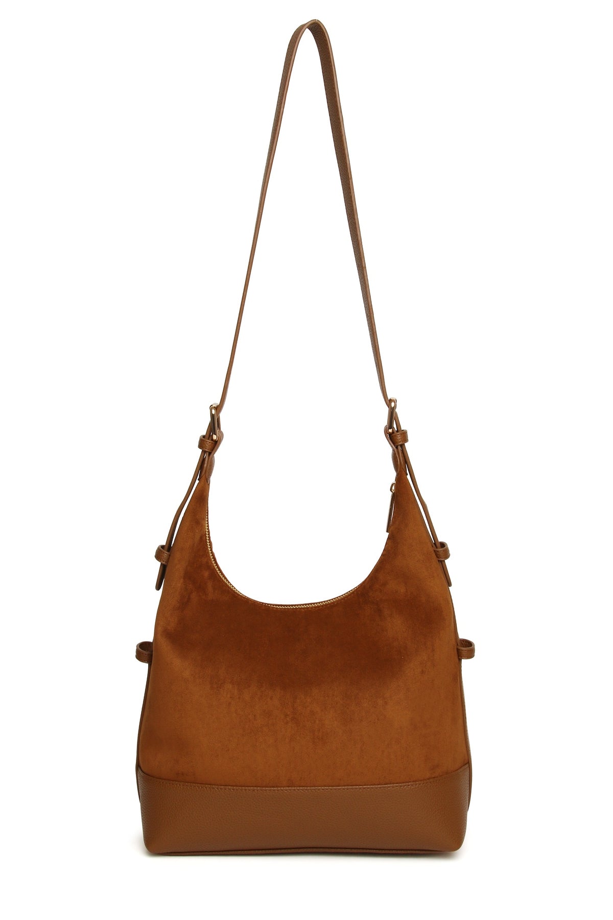 View with the strap extended of the Alice Wheeler Kensington Suedette Large Crossbody Bag in Fudge. Shop Alice Wheeler at Dotique.
