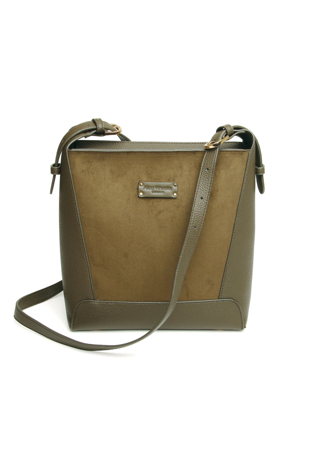 Front view of the Alice Wheeler Kensington Suedette Crossbody Bag in Olive. Shop Alice Wheeler at Dotique.