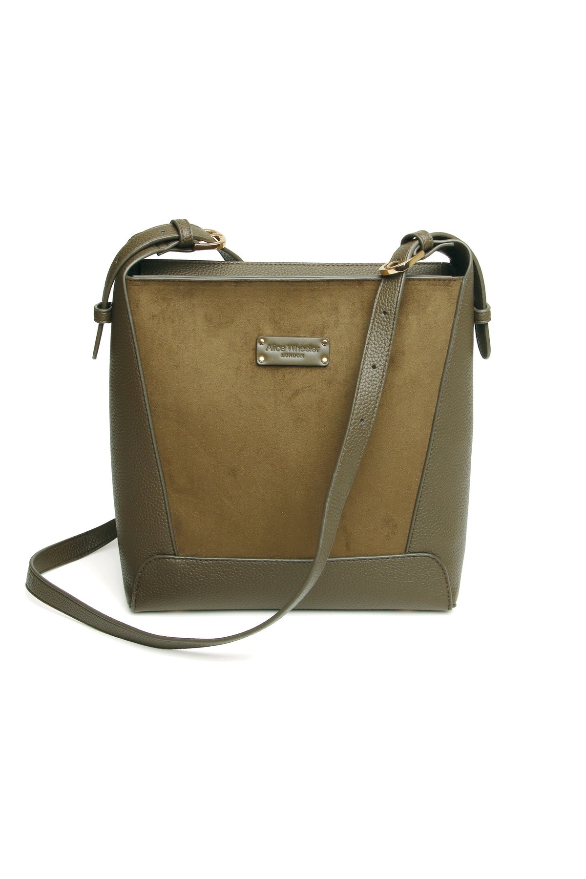 Front view of the Alice Wheeler Kensington Suedette Crossbody Bag in Olive. Shop Alice Wheeler at Dotique.