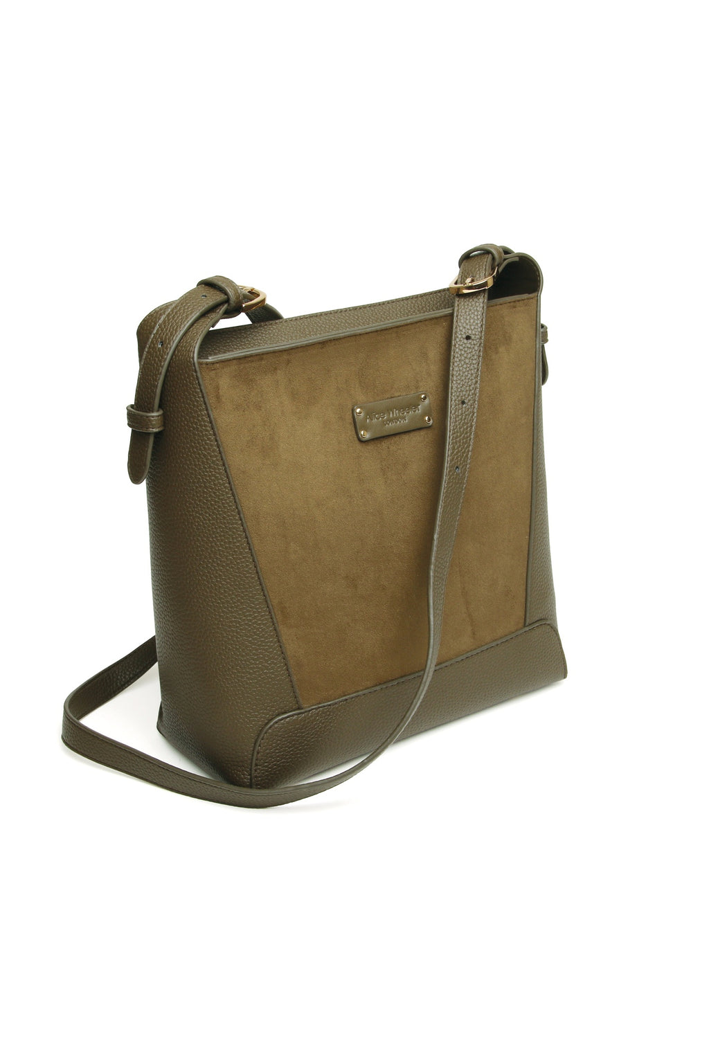 Angled view of the Alice Wheeler Kensington Suedette Crossbody Bag in Olive. Shop Alice Wheeler at Dotique.