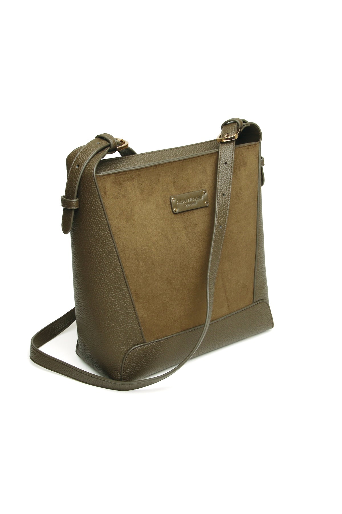Angled view of the Alice Wheeler Kensington Suedette Crossbody Bag in Olive. Shop Alice Wheeler at Dotique.