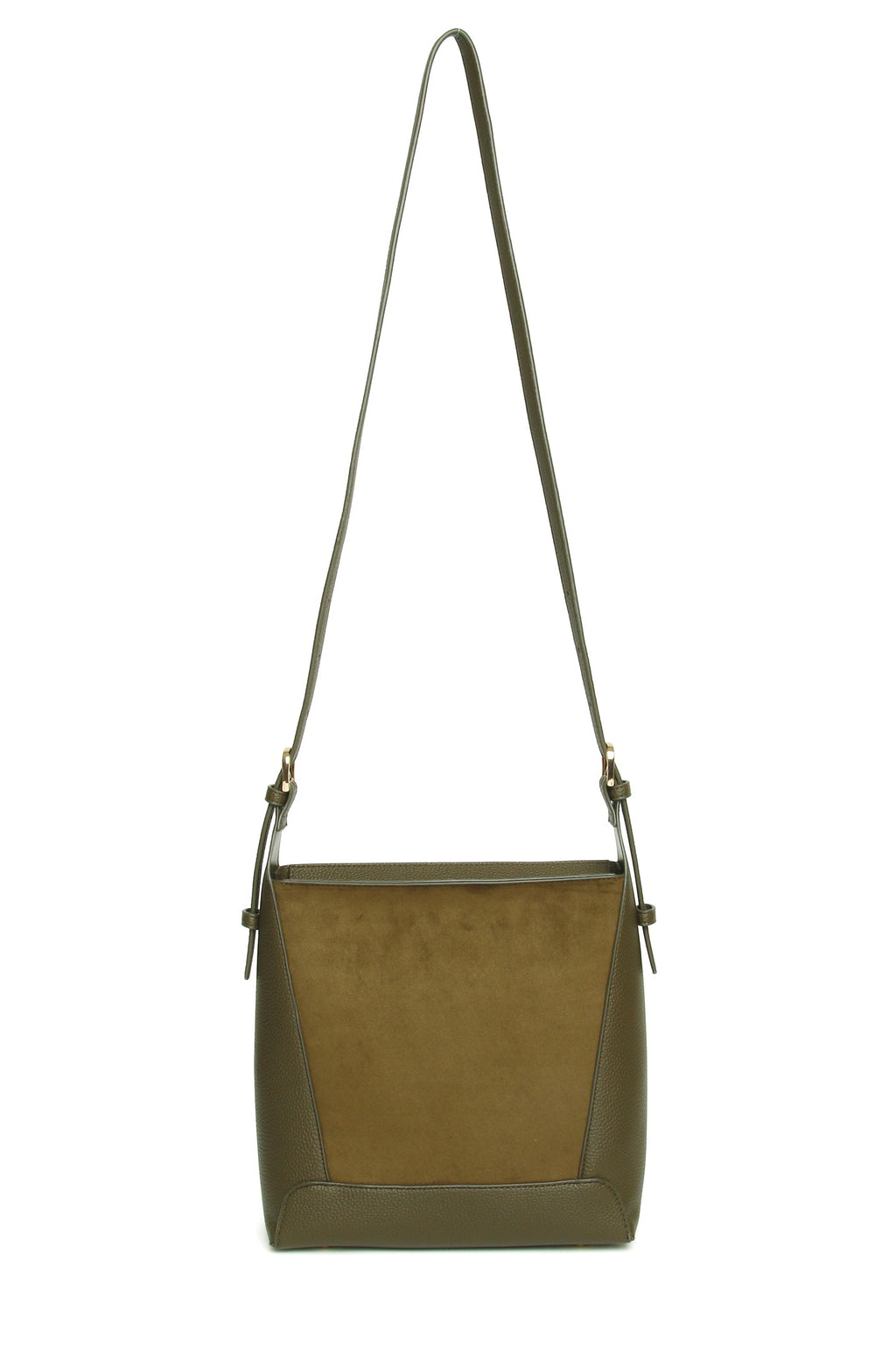 View with the strap extended of the Alice Wheeler Kensington Suedette Crossbody Bag in Olive. Shop Alice Wheeler at Dotique.