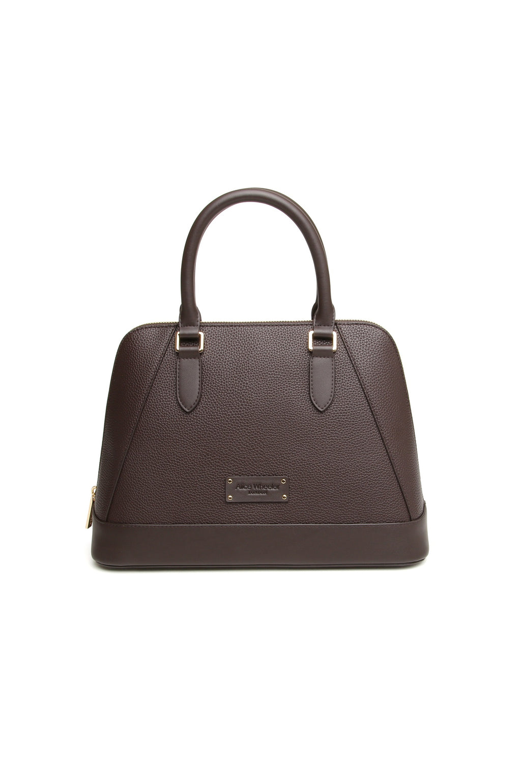 Front view of the Alice Wheeler Kensington Handbag in Chocolate. Shop Alice Wheeler at Dotique.