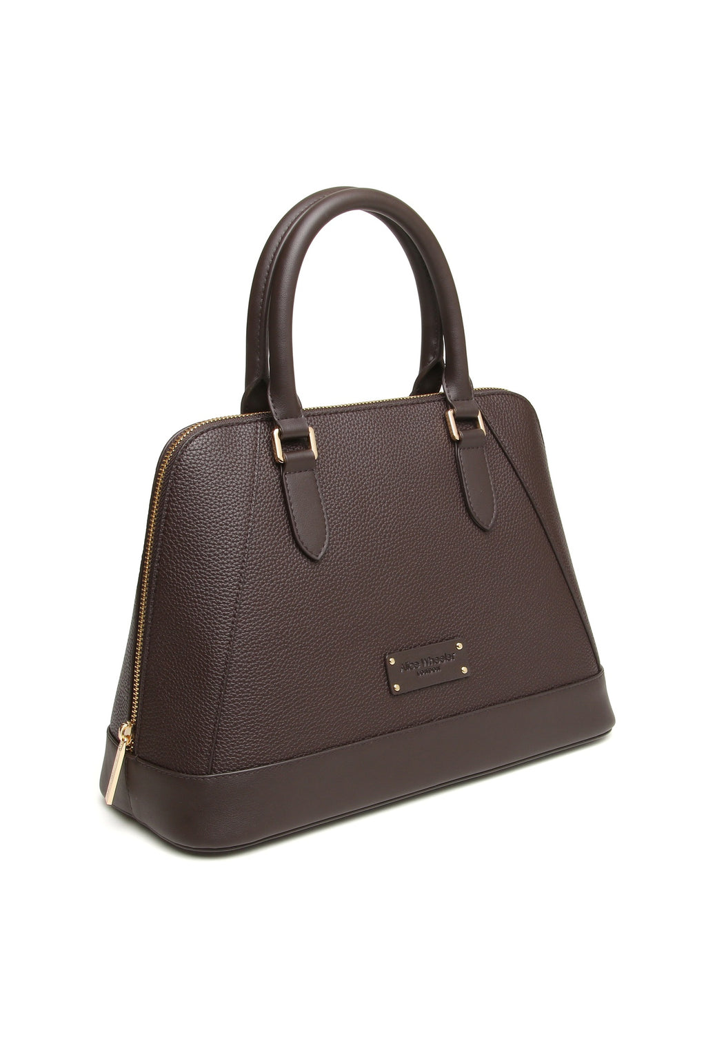 Angled view of the Alice Wheeler Kensington Handbag in Chocolate. Shop Alice Wheeler at Dotique.