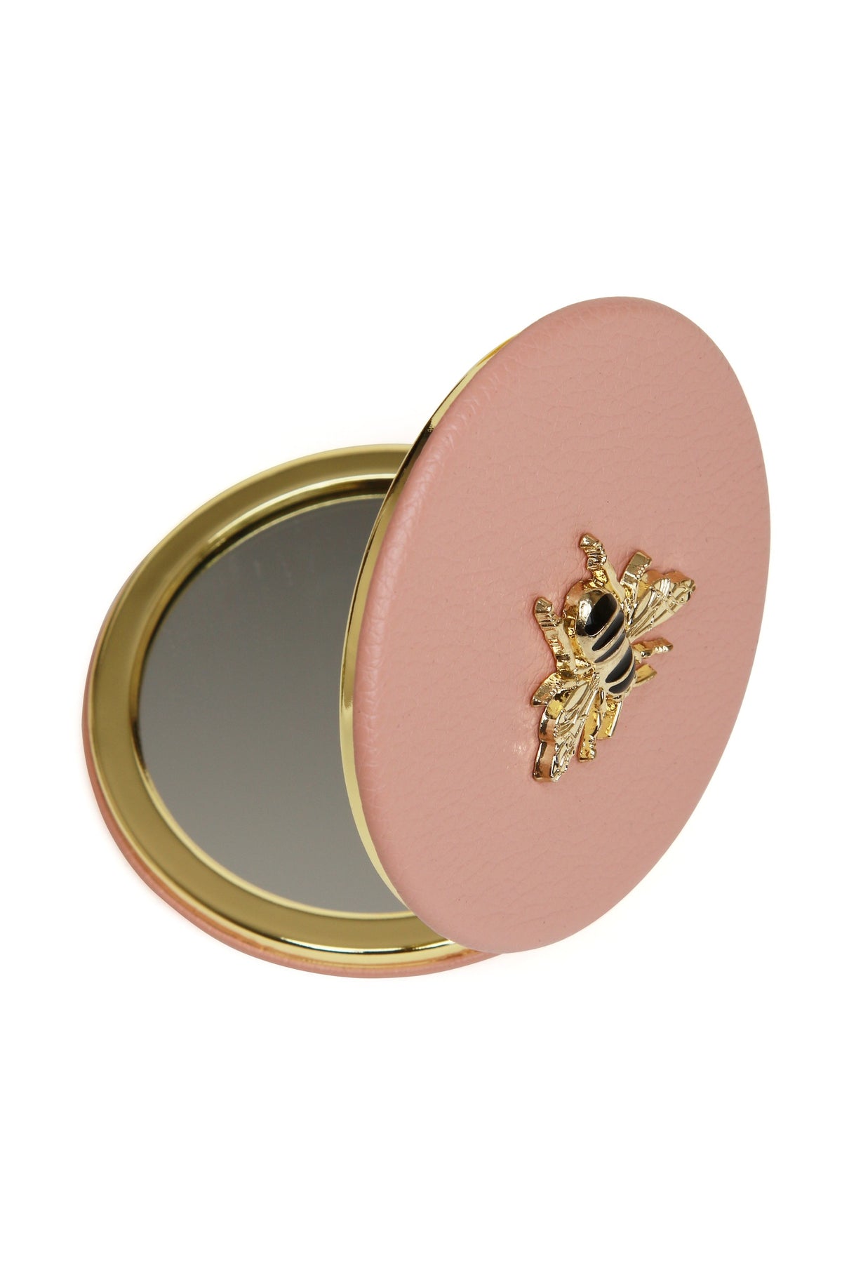 Alice Wheeler Round Compact Mirror in Pink, open view. Shop Alice Wheeler at Dotique.