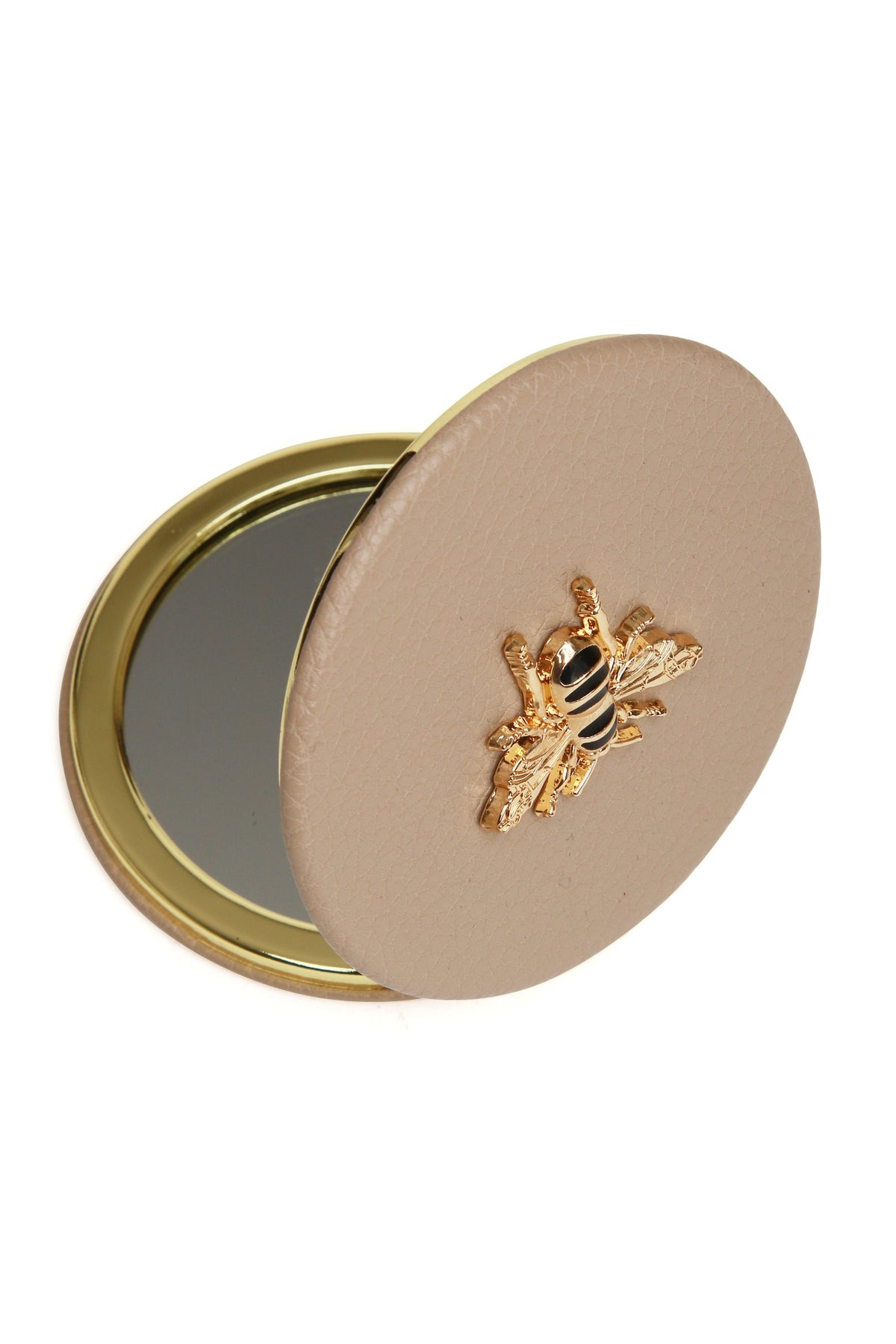 Alice Wheeler Round Compact Mirror in Stone, open view. Shop Alice Wheeler at Dotique.