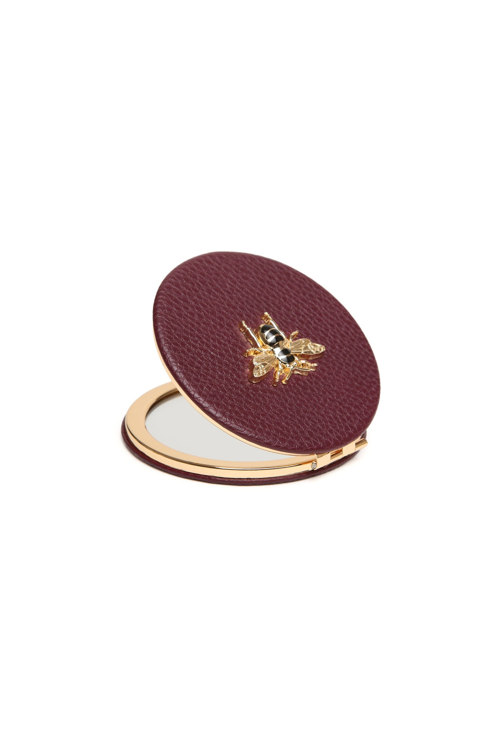 Alice Wheeler Round Compact Mirror in Berry, open view. Shop Alice Wheeler at Dotique.