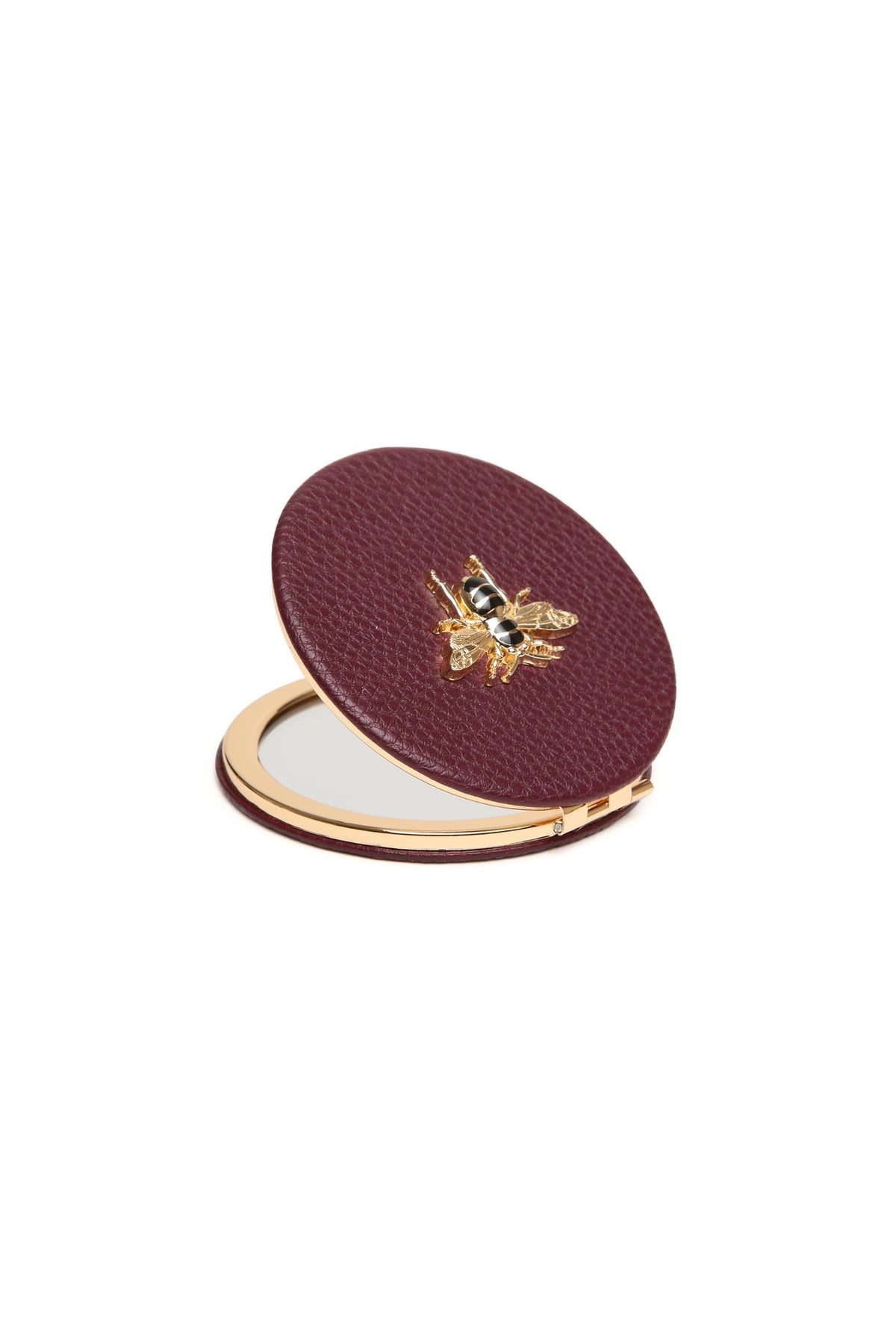 Alice Wheeler Round Compact Mirror in Berry, open view. Shop Alice Wheeler at Dotique.