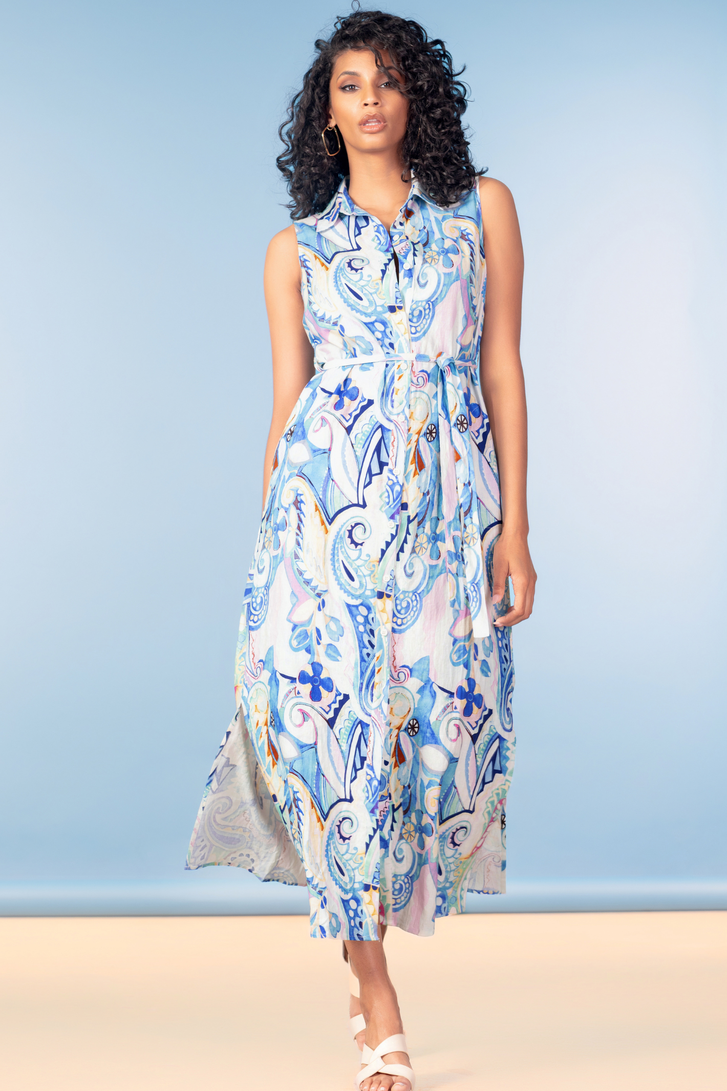 Alison Sheri A47150 Blue Print Linen Blend Sleeveless Midi Dress on model, shop Alison Sheri at Dotique