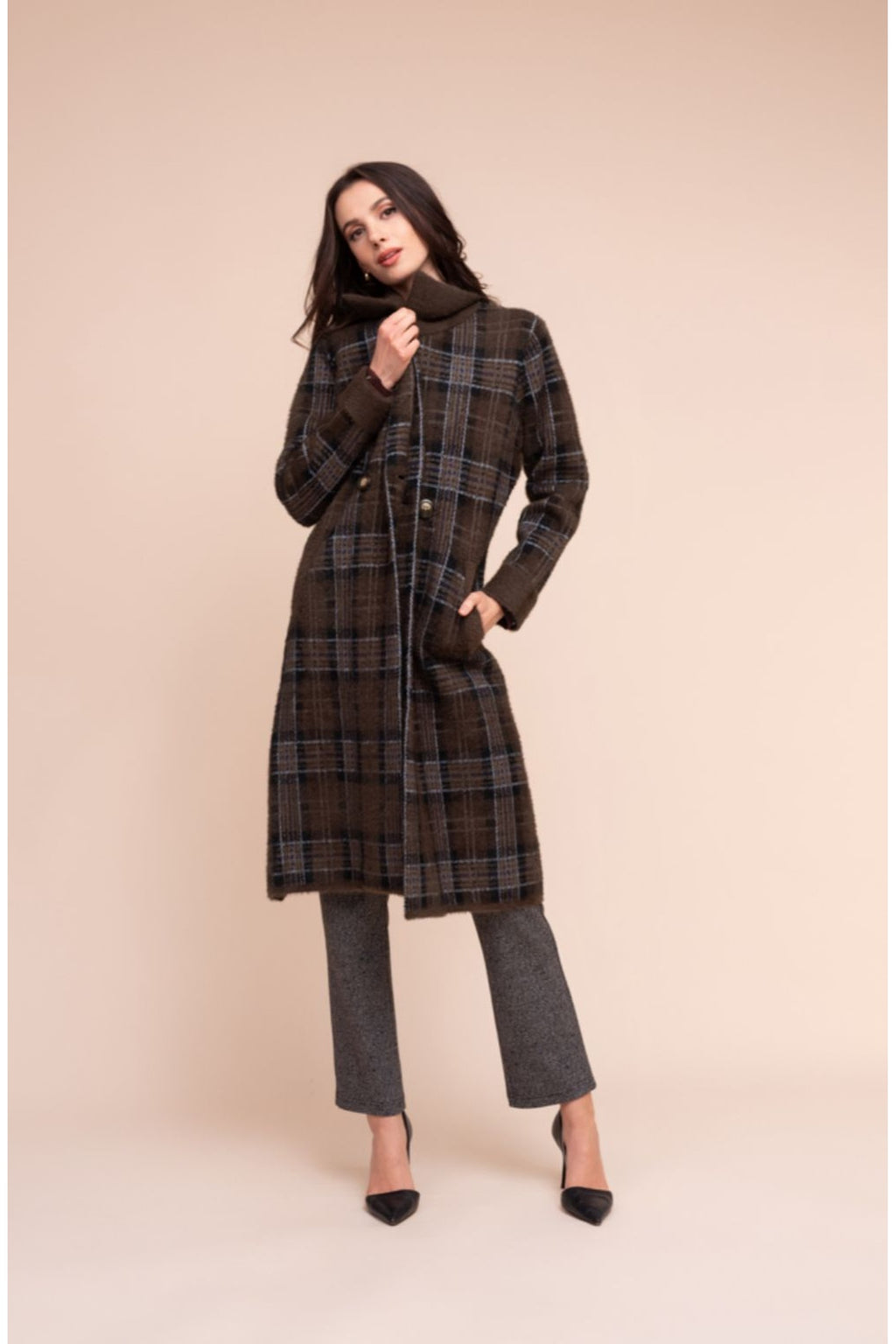 Alison Sheri A48295 brown check knitted jacket – view 1. Shop Alison Sheri at Dotique.